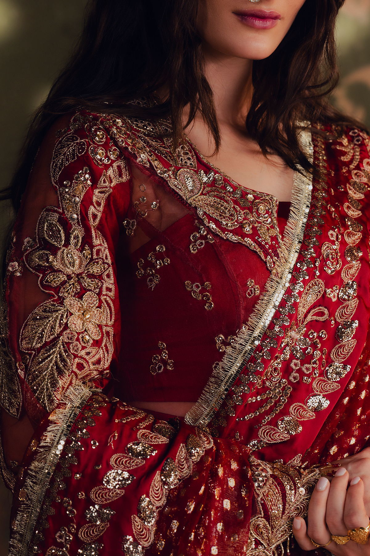 Sitara crimson red kalidaar, reference outfit photograph 3 — Made by Mairaz reproduction
