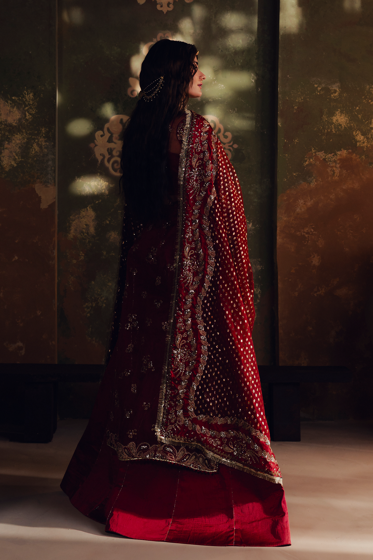 Sitara crimson red kalidaar, reference outfit photograph 4 — Made by Mairaz reproduction