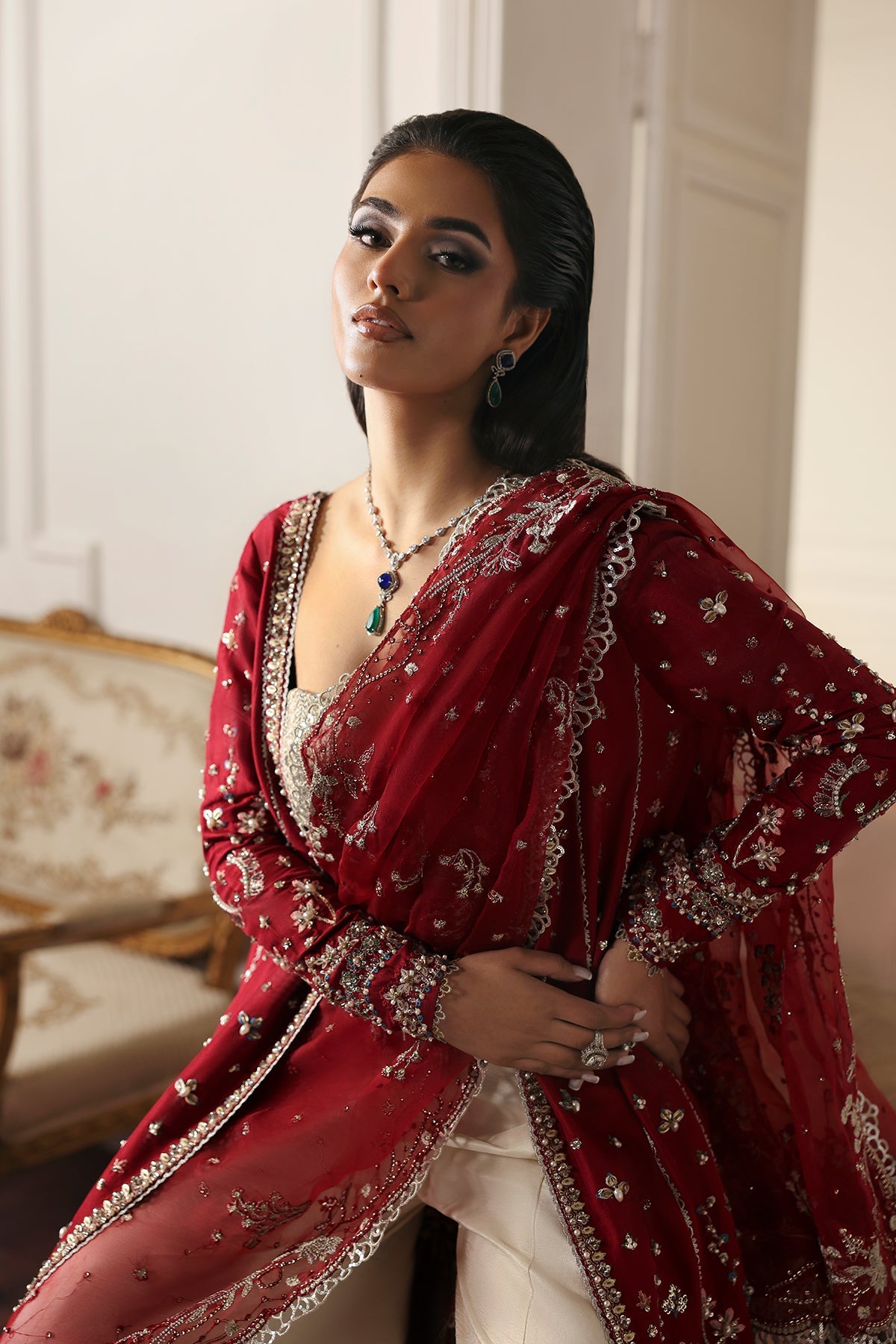 Stella Red red long shirt and trousers, reference outfit photograph 5 — Made by Mairaz reproduction