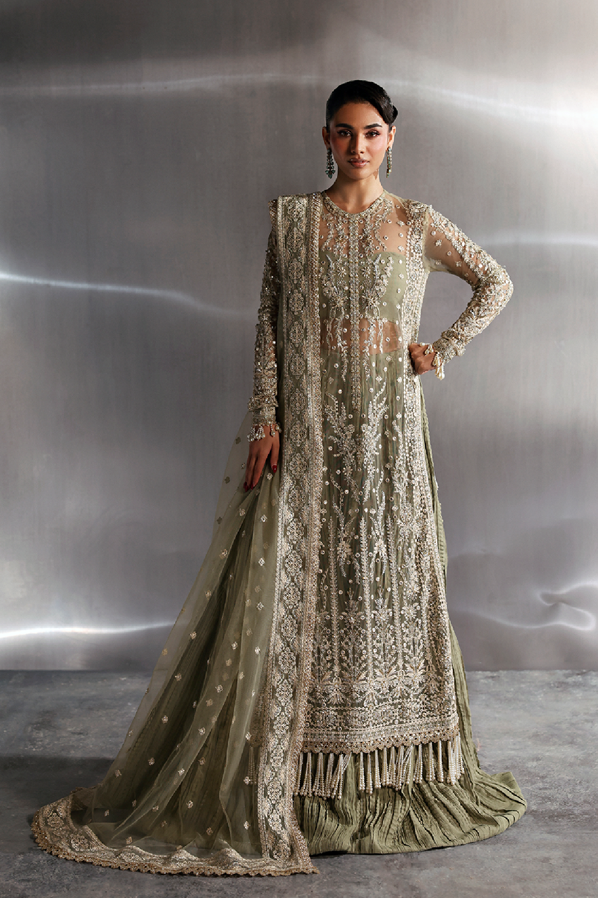 Willow sage green long shirt and skirt, reference outfit photograph 1 — Made by Mairaz reproduction