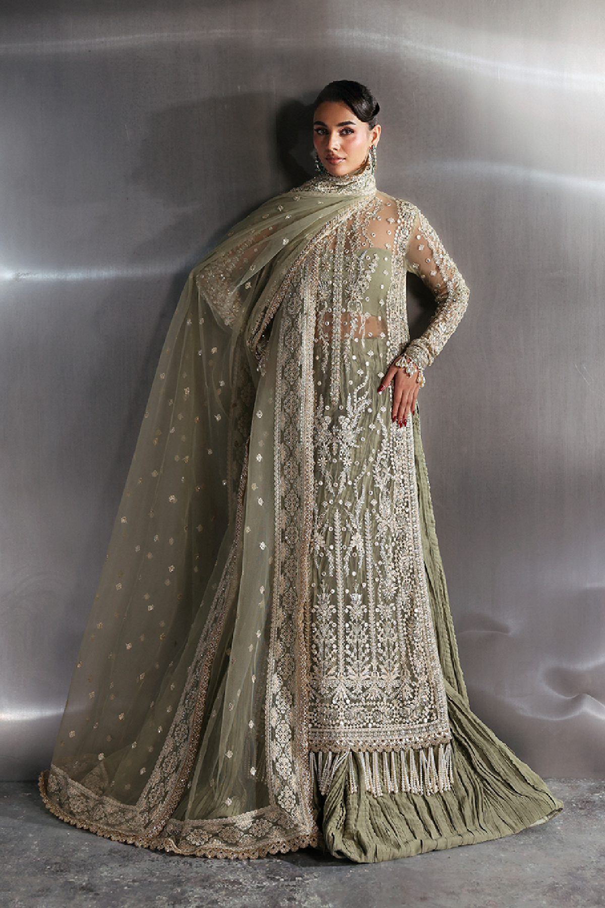 Willow sage green long shirt and skirt, reference outfit photograph 5 — Made by Mairaz reproduction