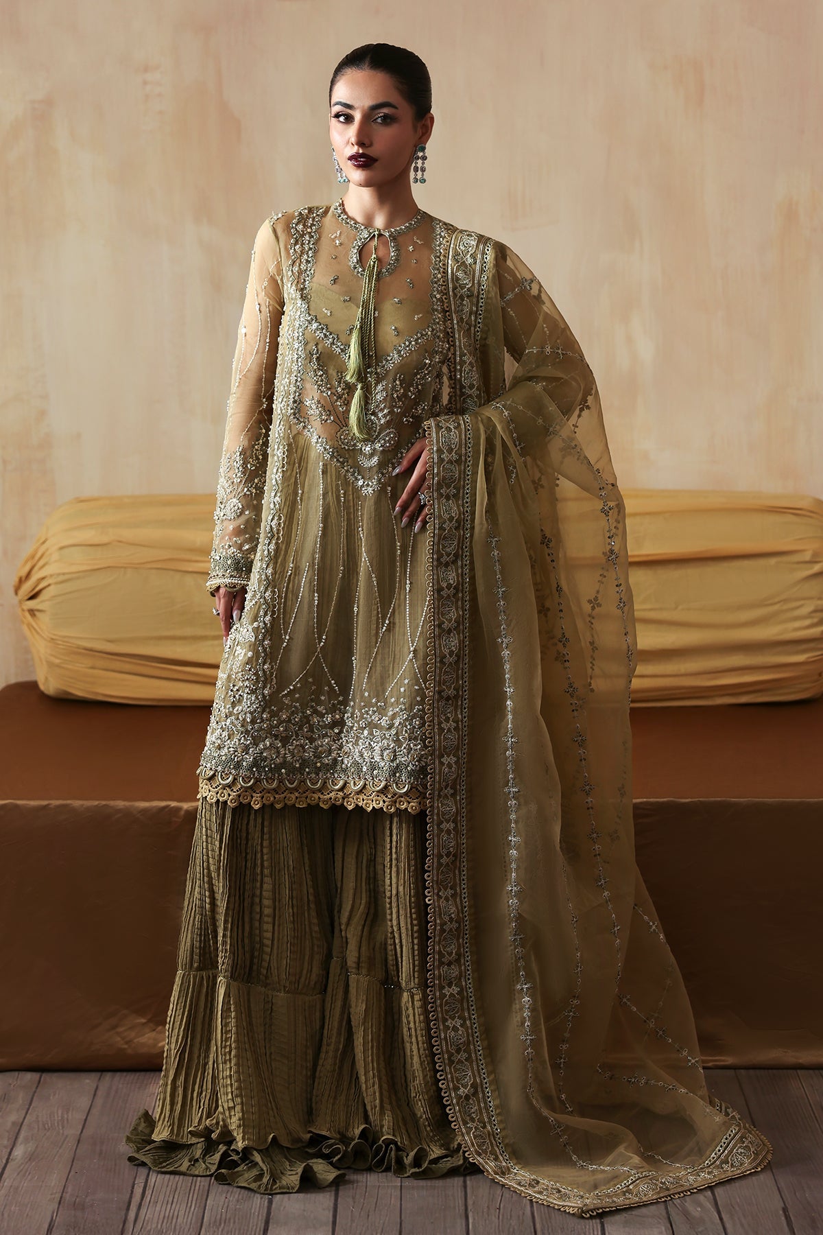 Zarqash olive green long shirt and skirt, reference outfit photograph 1 — Made by Mairaz reproduction
