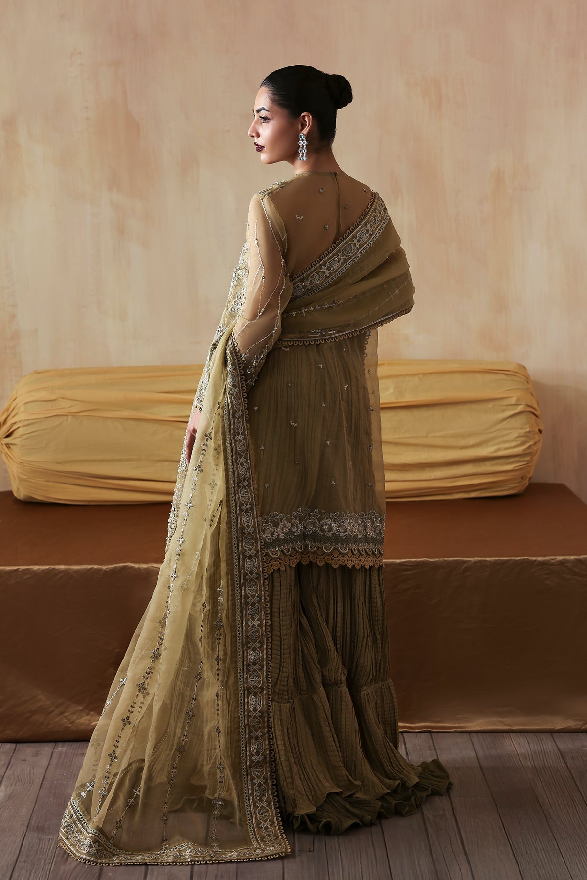 Zarqash olive green long shirt and skirt, reference outfit photograph 2 — Made by Mairaz reproduction