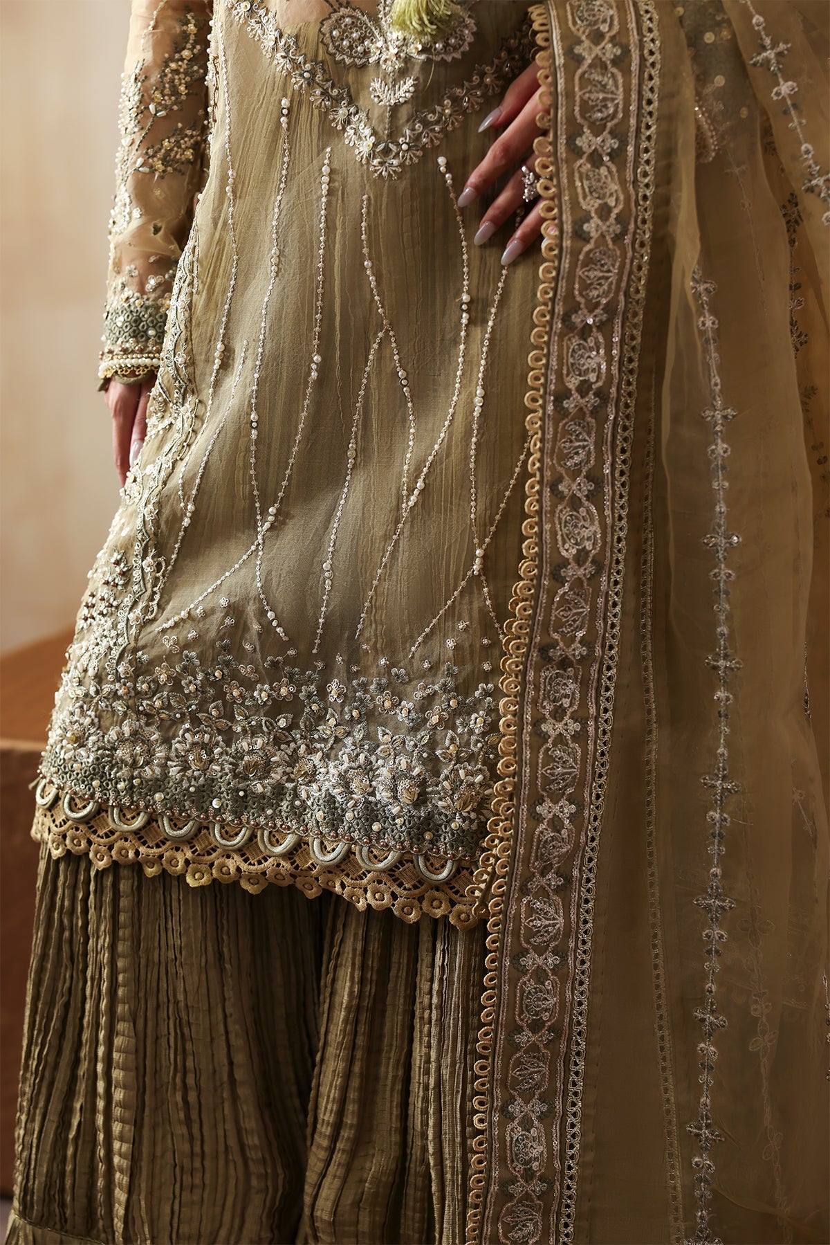 Zarqash olive green long shirt and skirt, reference outfit photograph 4 — Made by Mairaz reproduction