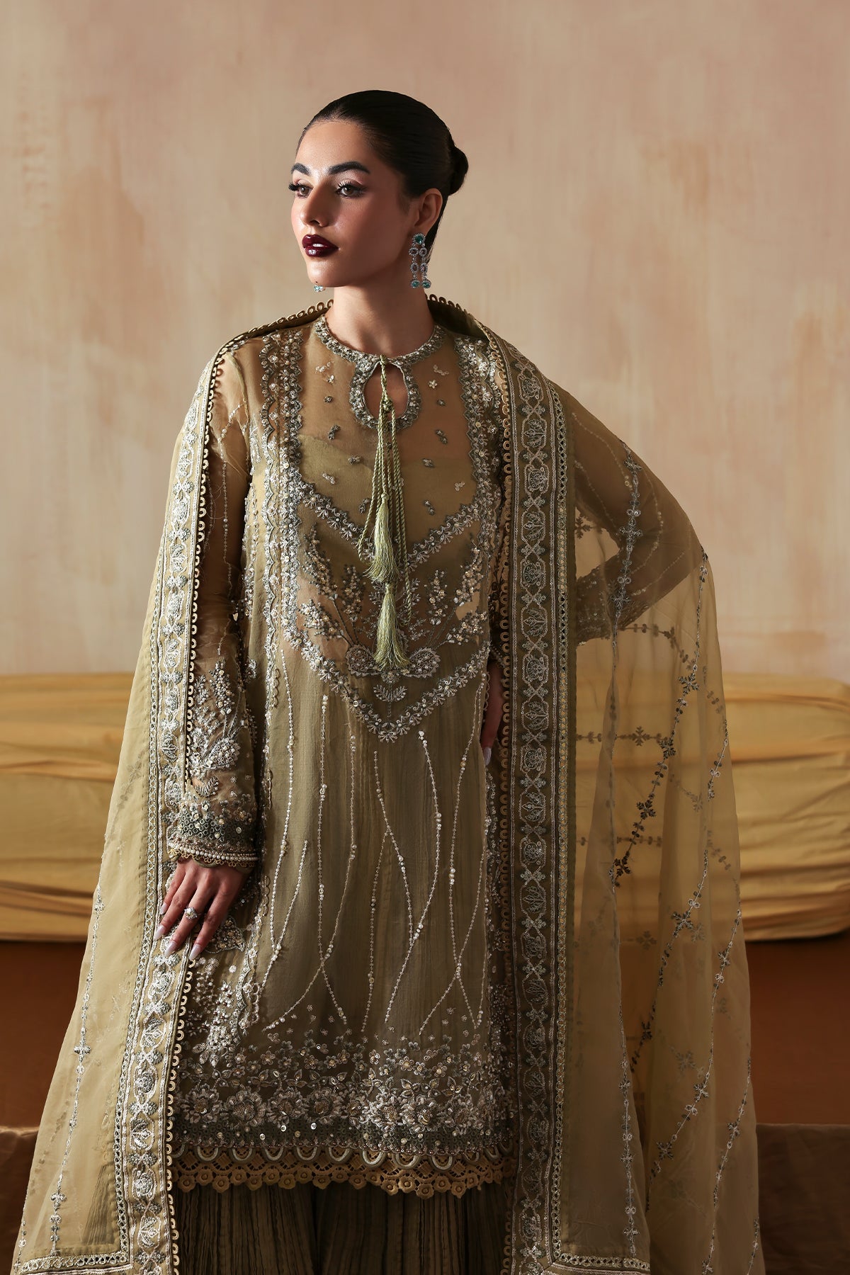 Zarqash olive green long shirt and skirt, reference outfit photograph 5 — Made by Mairaz reproduction