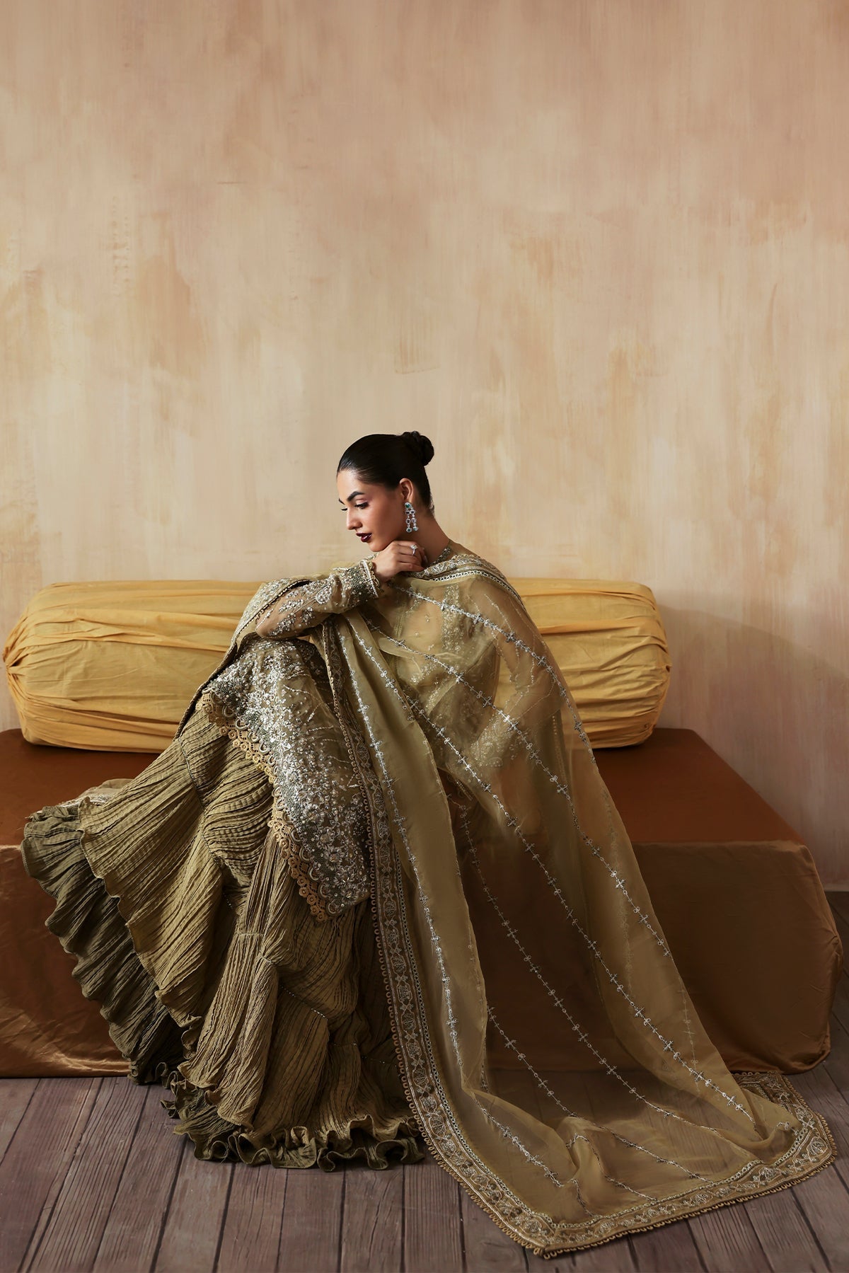 Zarqash olive green long shirt and skirt, reference outfit photograph 6 — Made by Mairaz reproduction