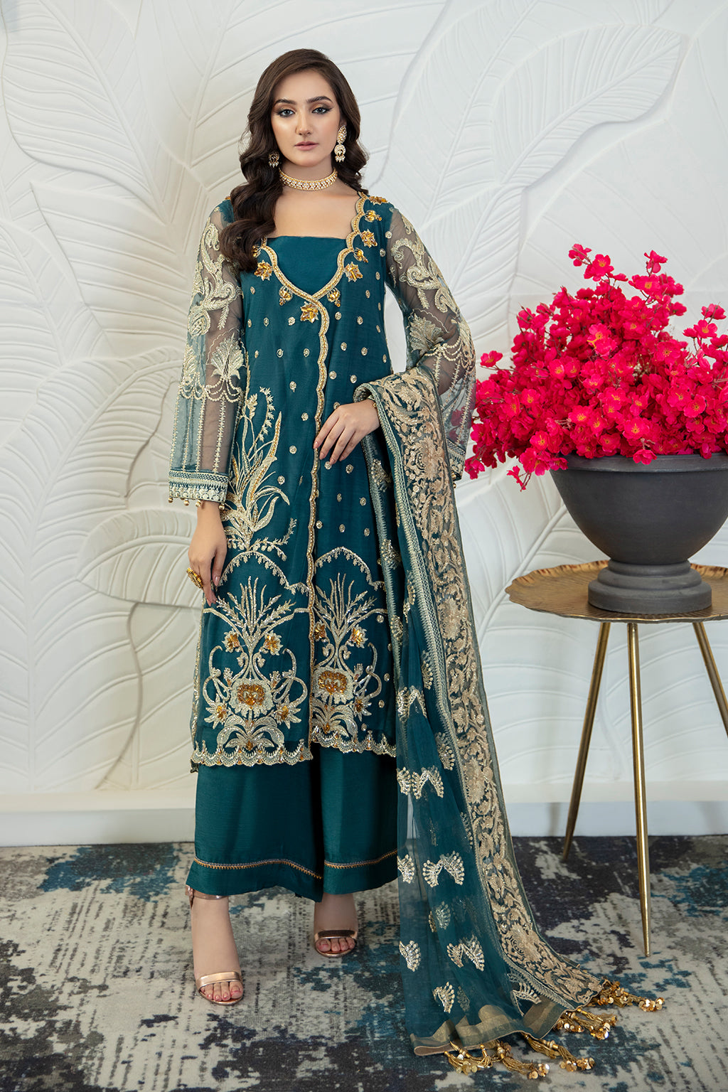 Zipporah 04 teal angrakha shirt and trousers, reference outfit photograph 1 — Made by Mairaz reproduction