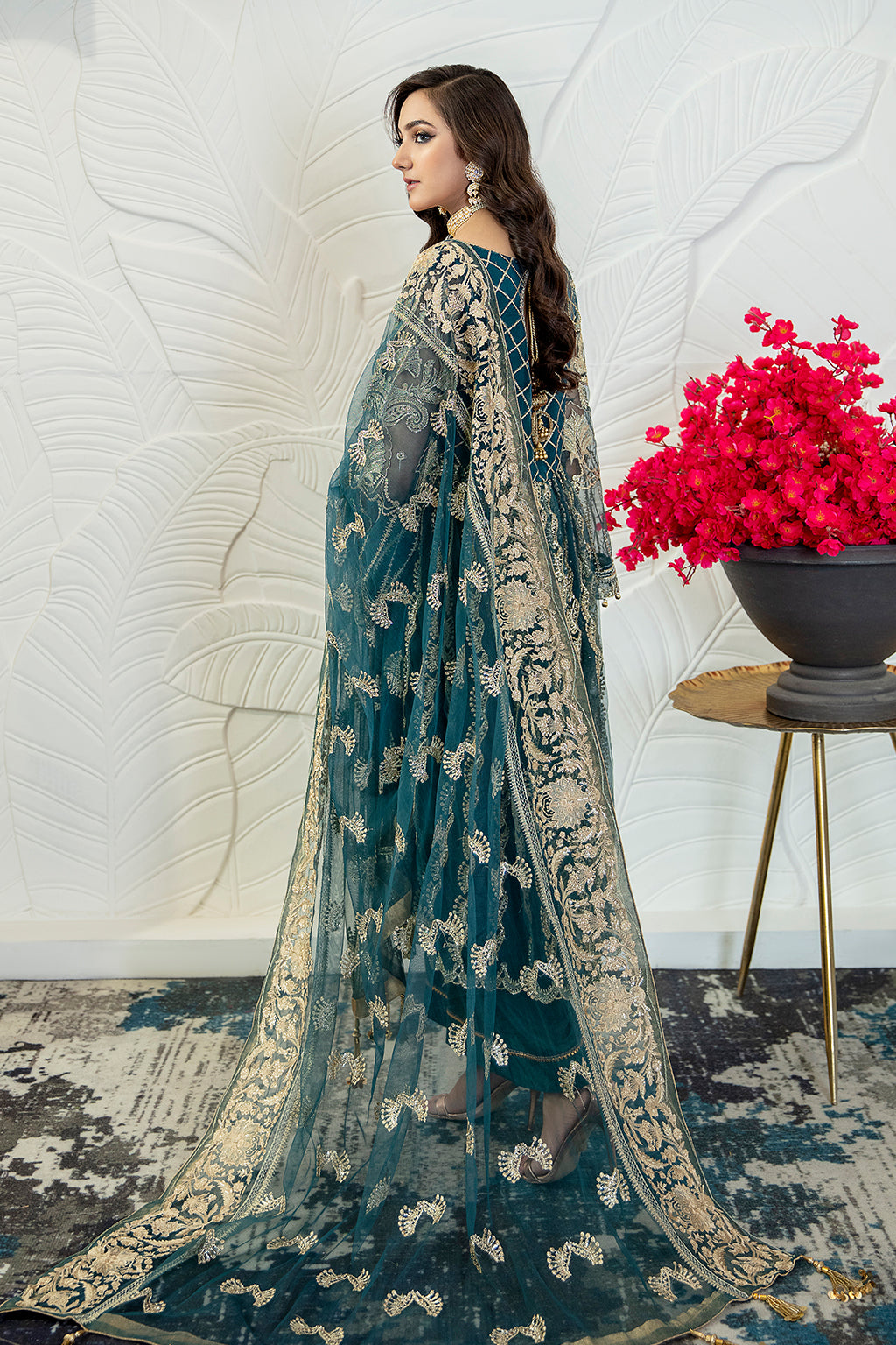 Zipporah 04 teal angrakha shirt and trousers, reference outfit photograph 2 — Made by Mairaz reproduction