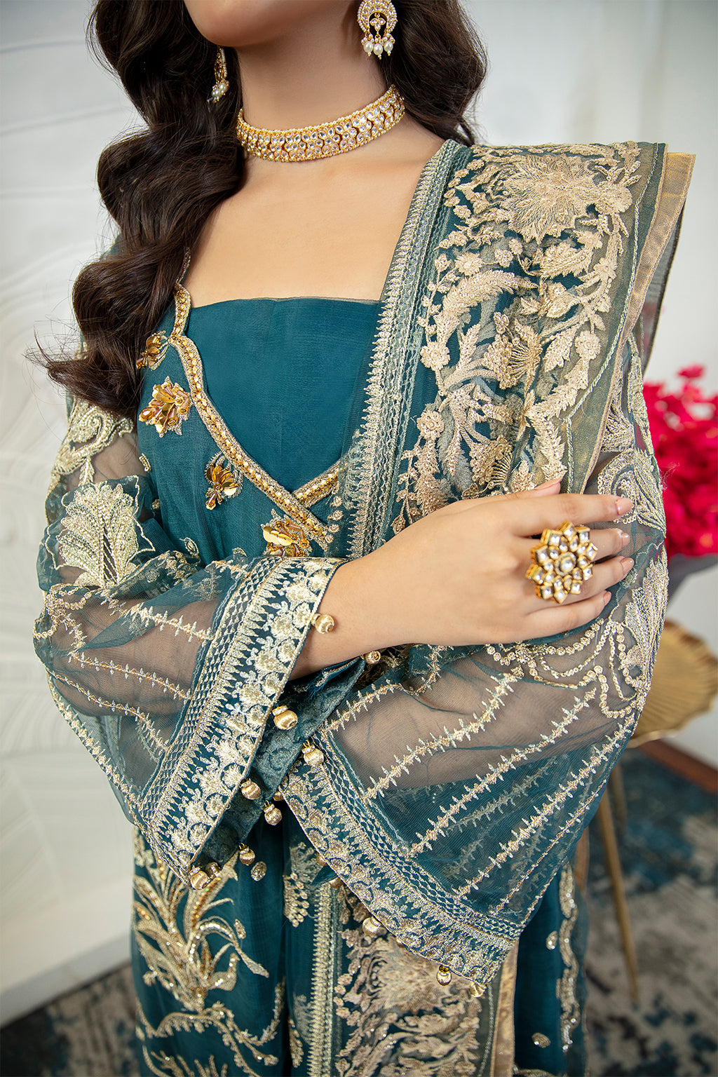 Zipporah 04 teal angrakha shirt and trousers, reference outfit photograph 3 — Made by Mairaz reproduction