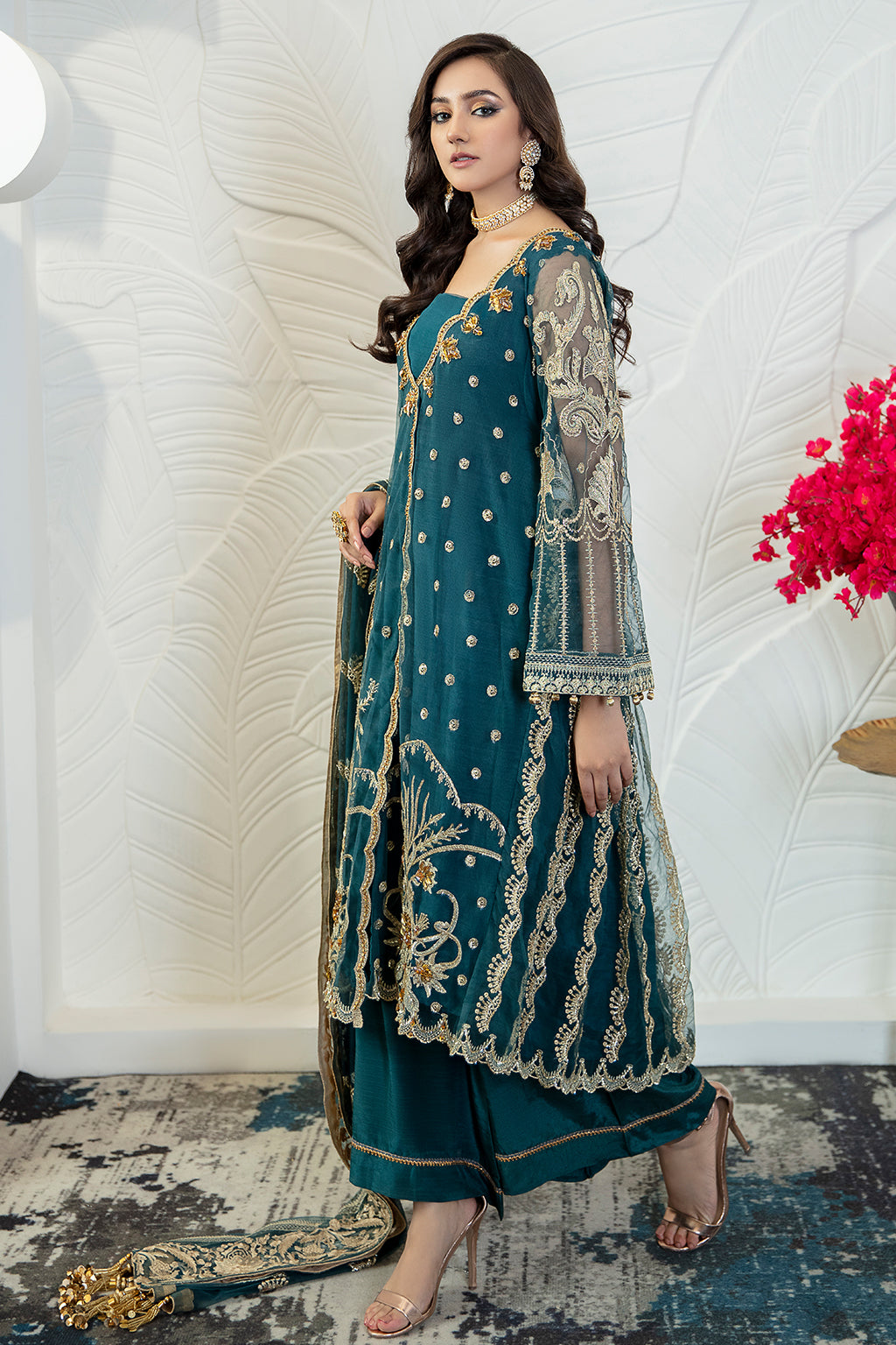 Zipporah 04 teal angrakha shirt and trousers, reference outfit photograph 4 — Made by Mairaz reproduction