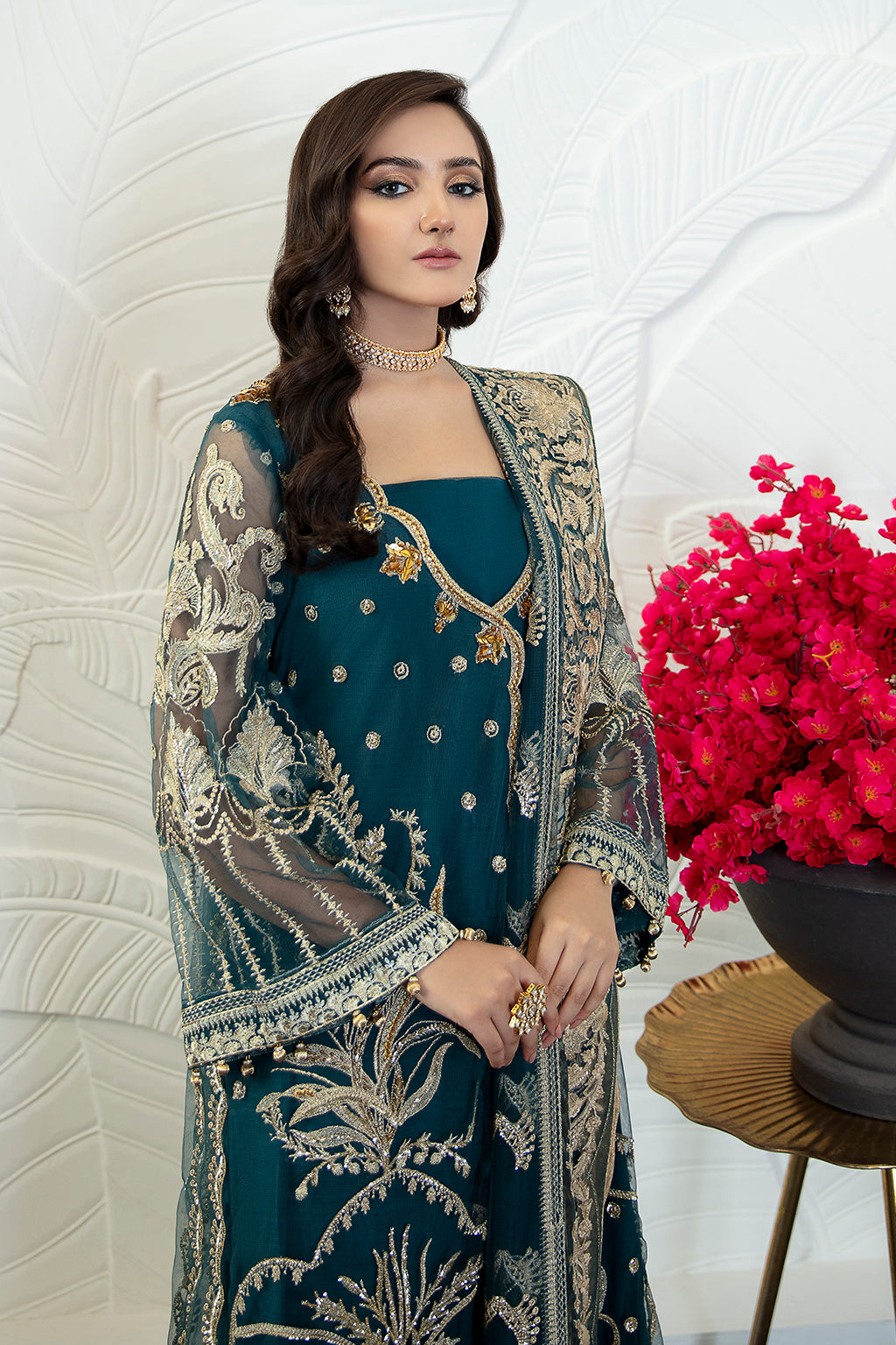 Zipporah 04 teal angrakha shirt and trousers, reference outfit photograph 5 — Made by Mairaz reproduction