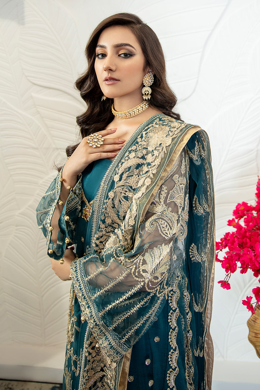 Zipporah 04 teal angrakha shirt and trousers, reference outfit photograph 6 — Made by Mairaz reproduction