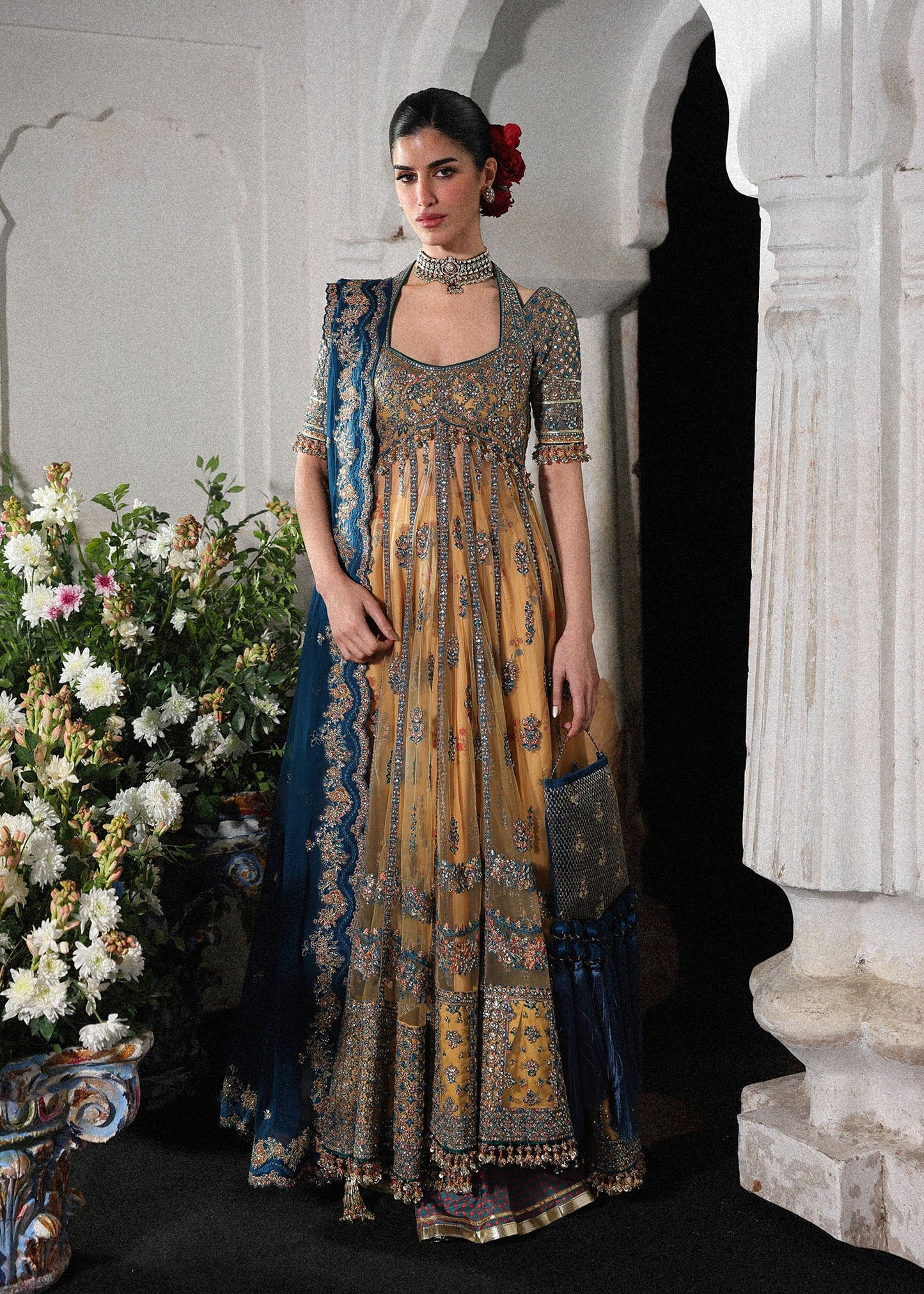 Hussain Rehar Man Jogi style gold and teal embroidered formal – product view 1