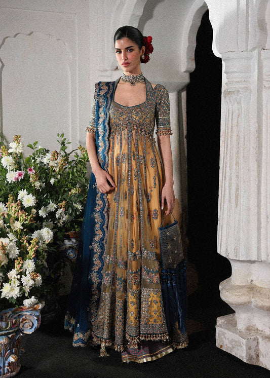 Hussain Rehar Man Jogi style gold and teal embroidered formal – product view 1