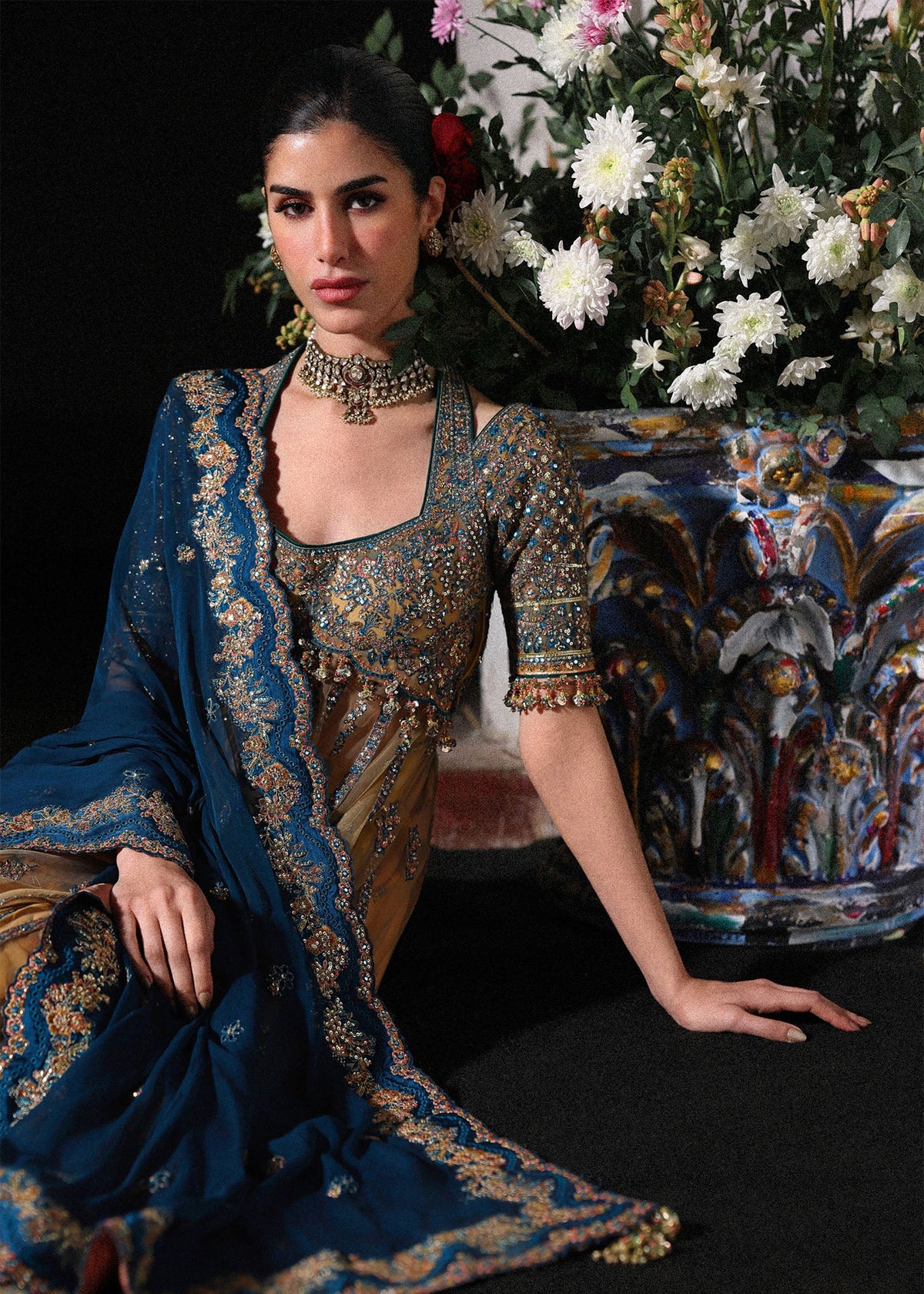 Hussain Rehar Man Jogi style gold and teal embroidered formal – product view 2