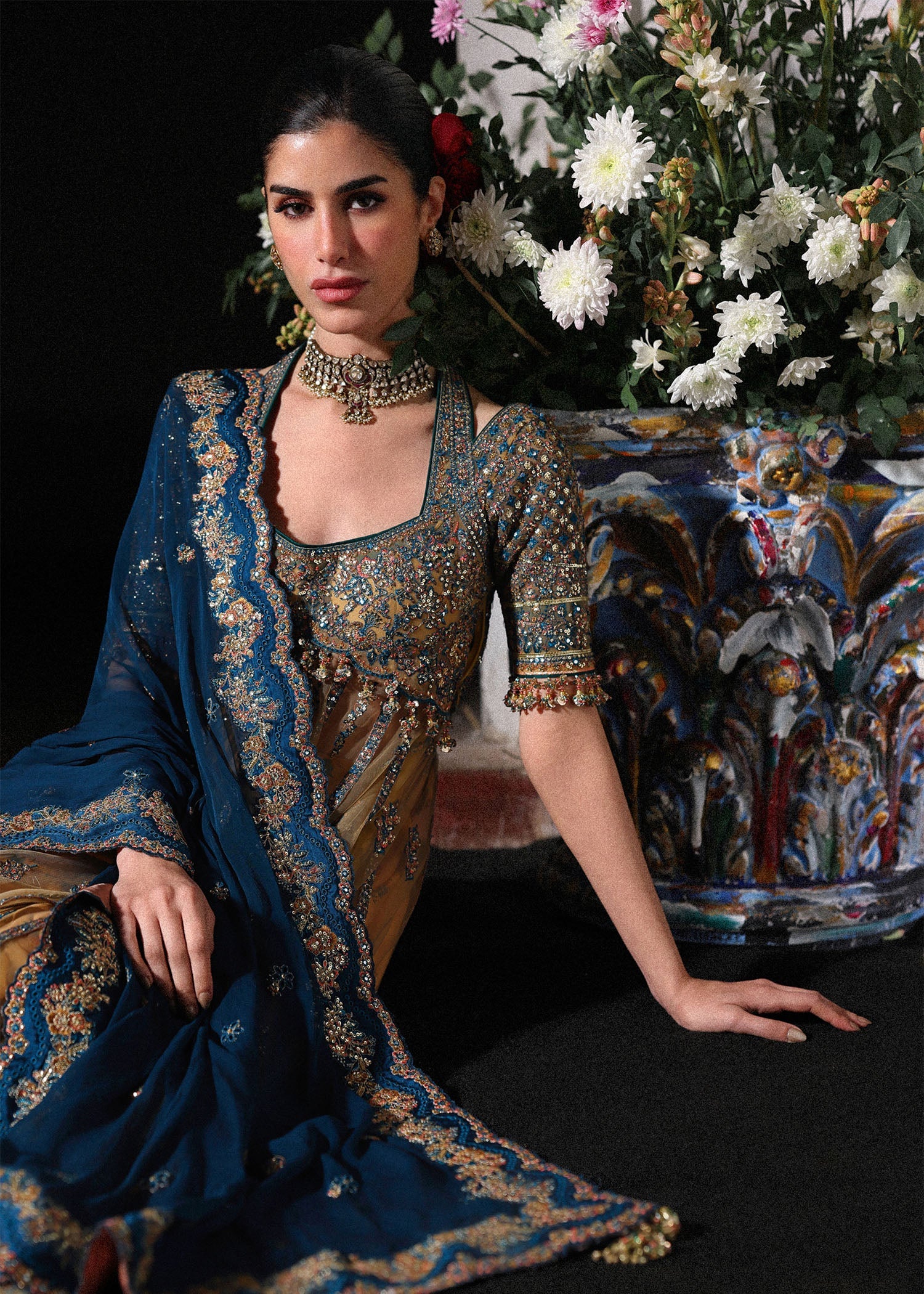 Hussain Rehar Man Jogi style gold and teal embroidered formal – product view 2