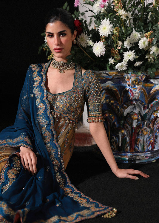 Hussain Rehar Man Jogi style gold and teal embroidered formal – product view 2