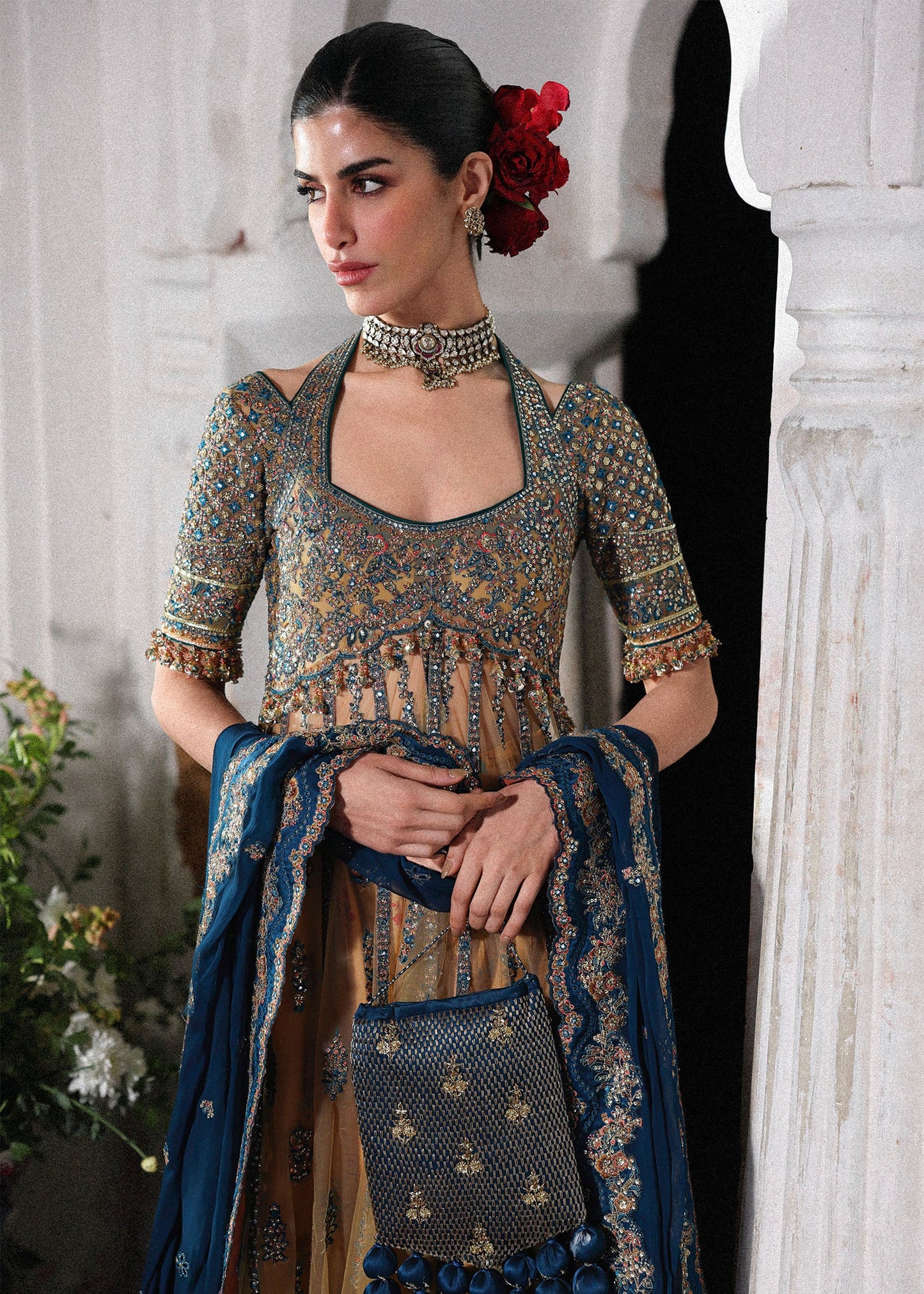 Hussain Rehar Man Jogi style gold and teal embroidered formal – product view 3