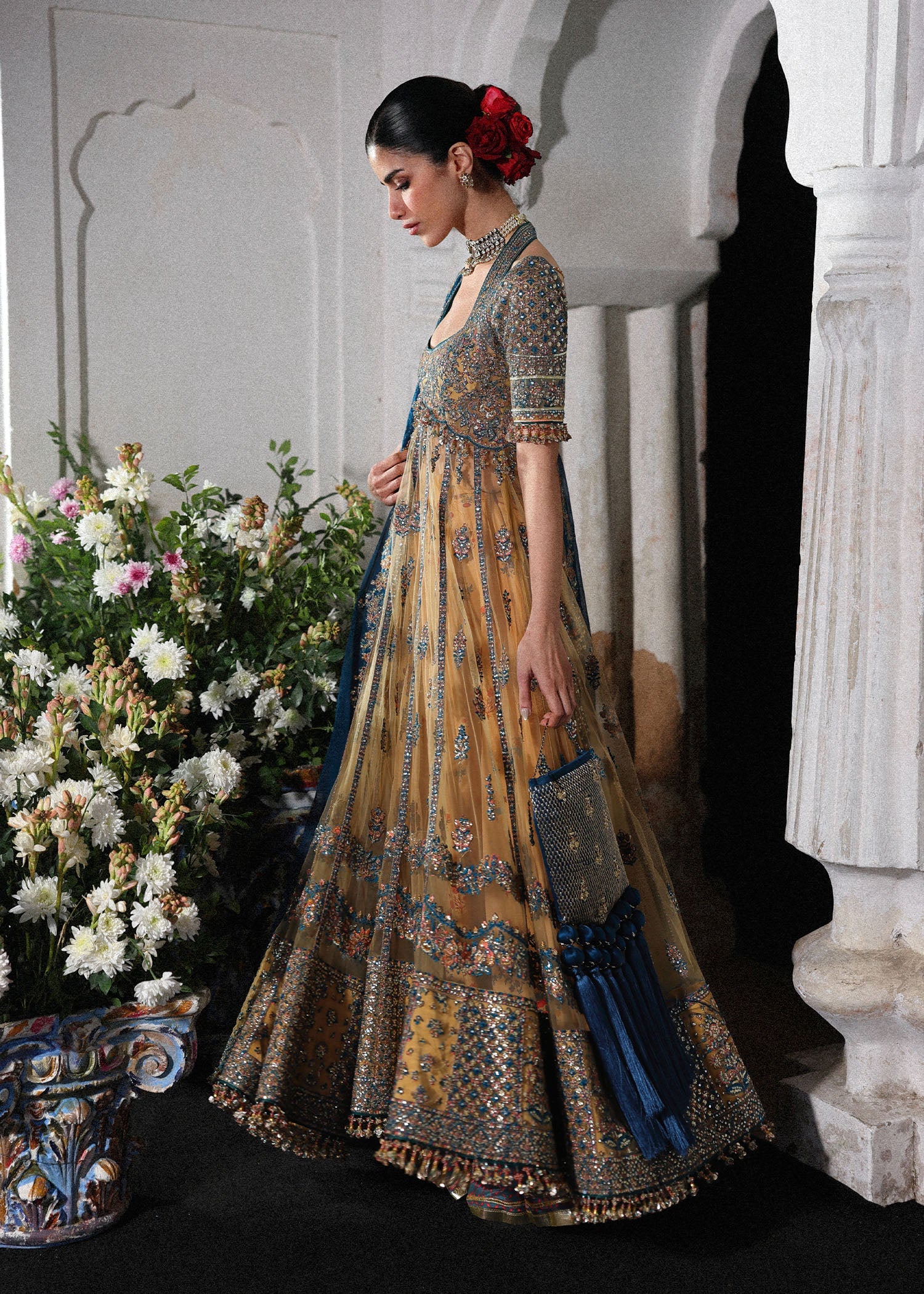 Hussain Rehar Man Jogi style gold and teal embroidered formal – product view 4