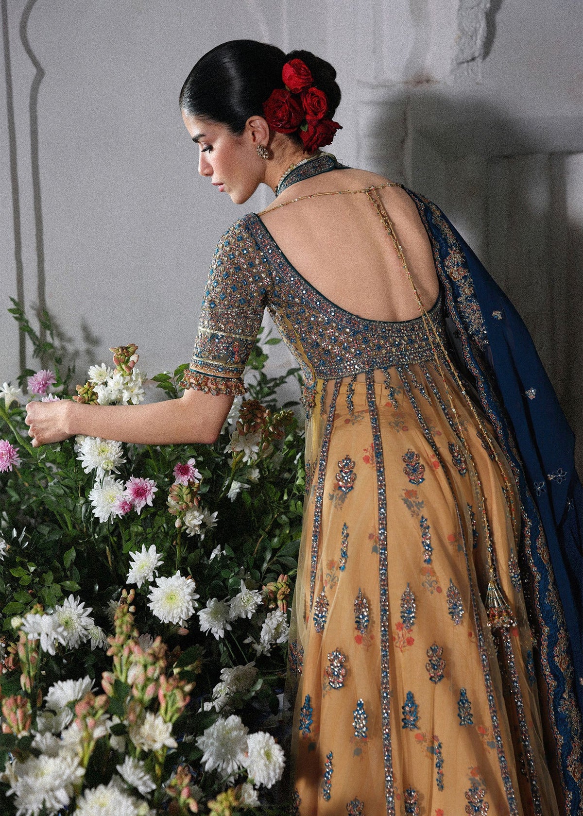 Hussain Rehar Man Jogi style gold and teal embroidered formal – product view 5