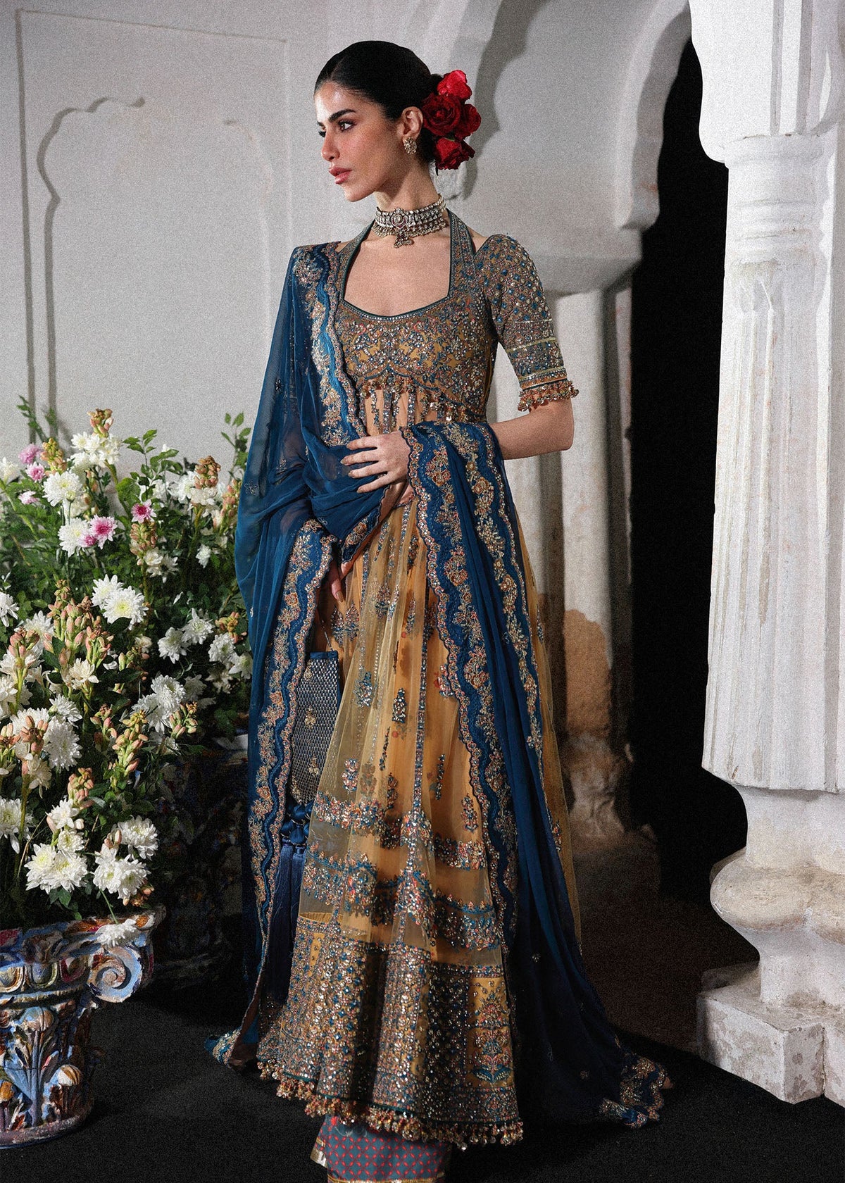 Hussain Rehar Man Jogi style gold and teal embroidered formal – product view 6