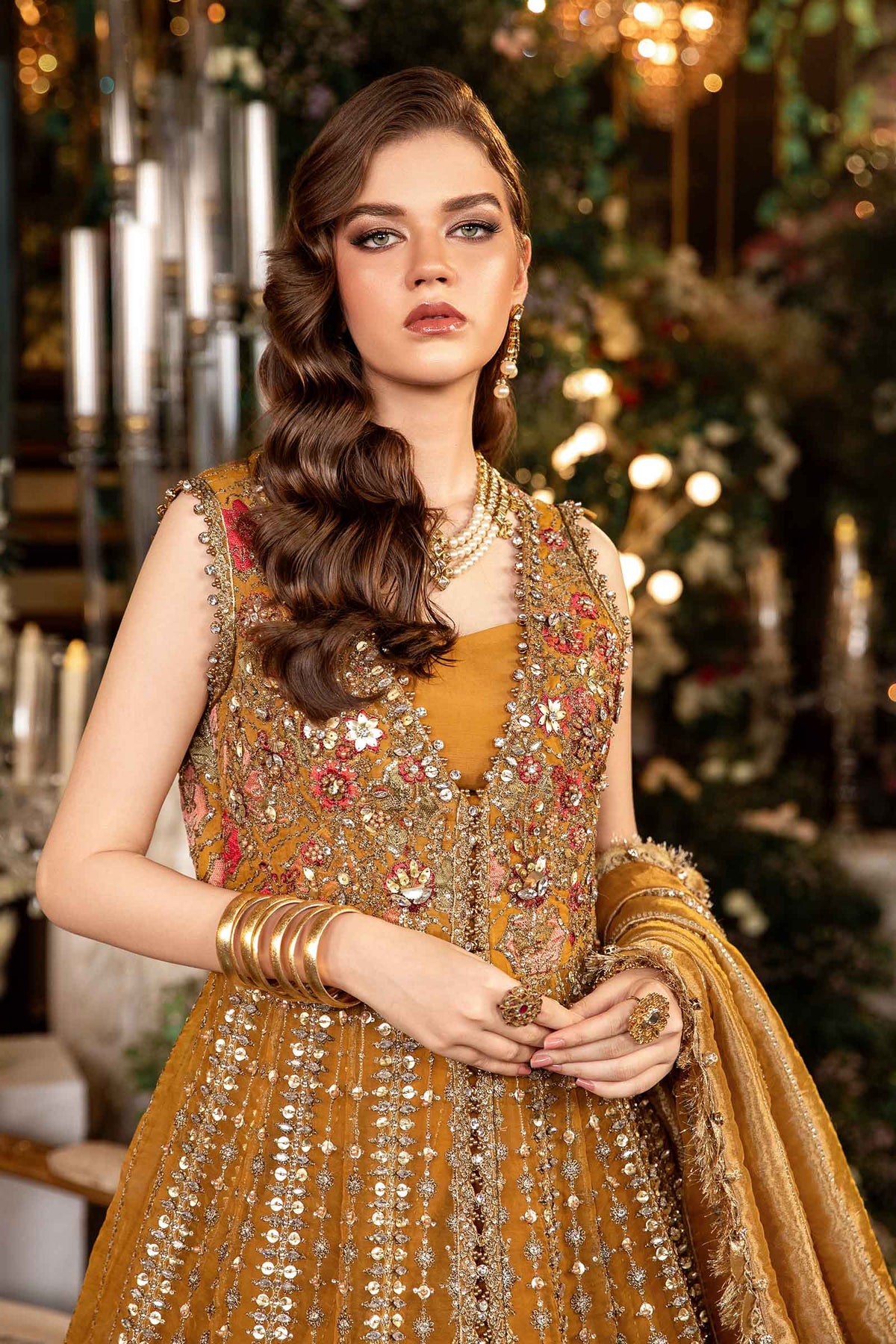 Maria B BD-2907 Mustard embellished neckline close up