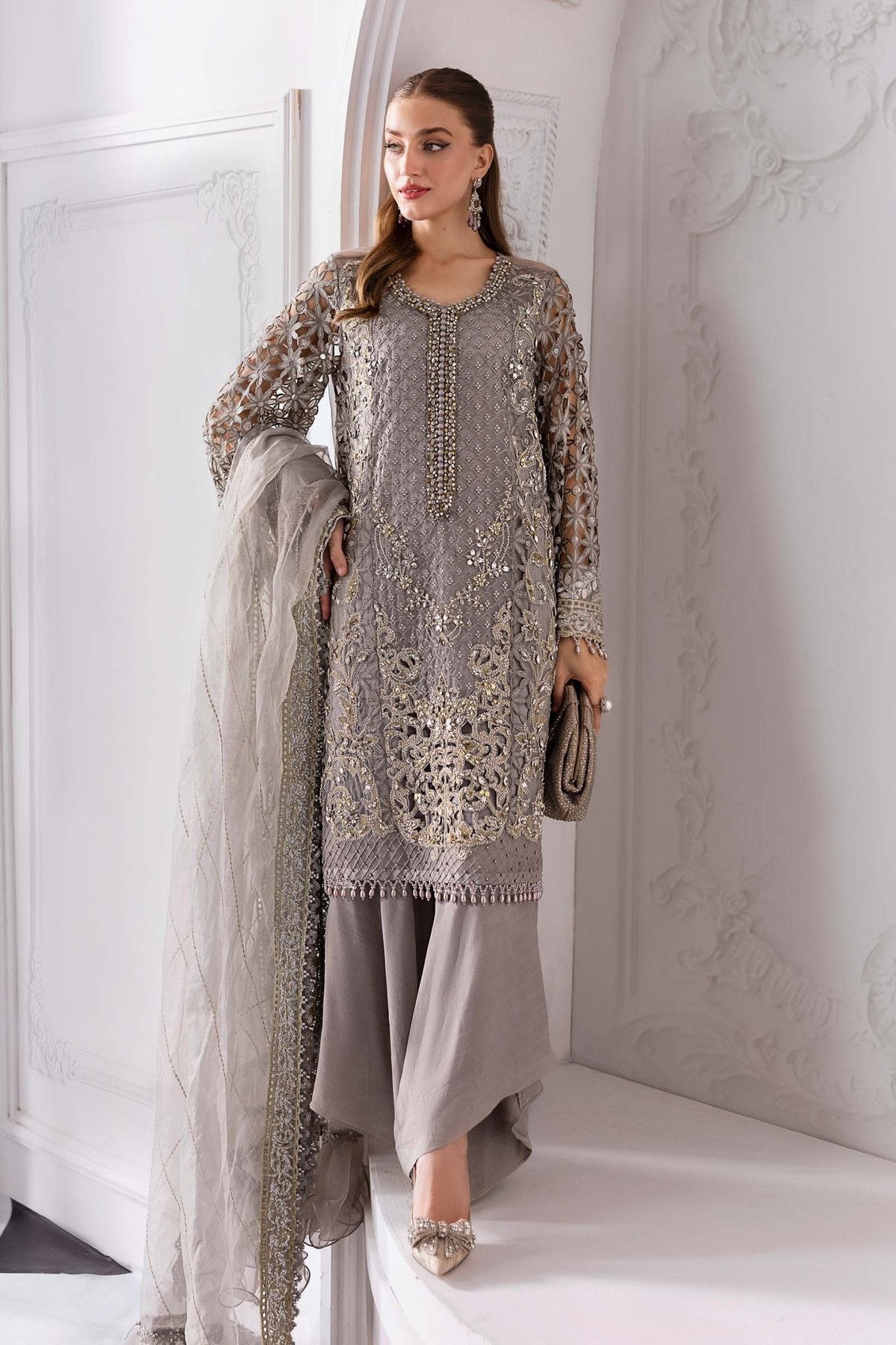 Maria B BD-3006 style reference, Taupe Formal Suit, view 12