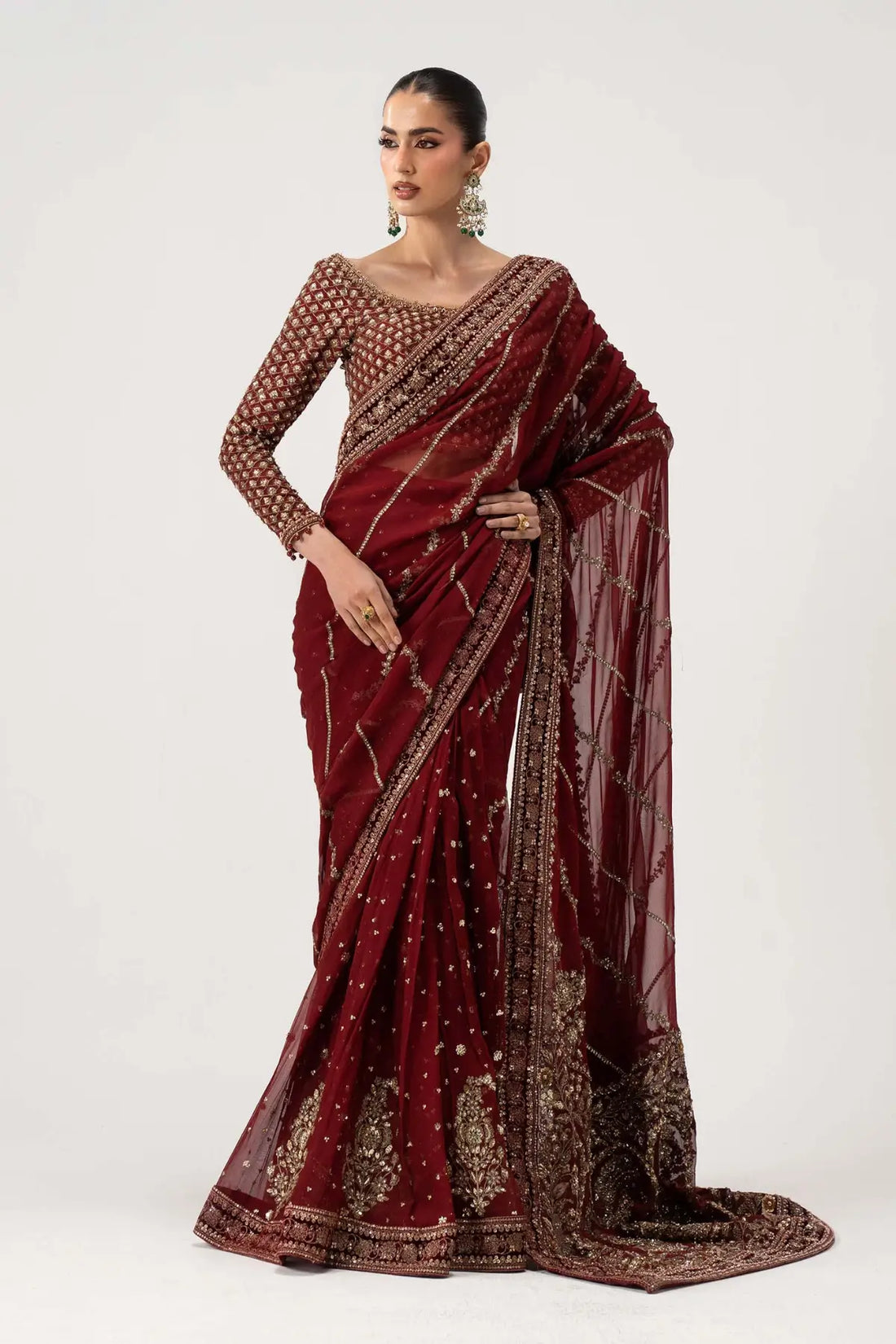 Maria B Danira Style cherry red chiffon saree by Mairaz