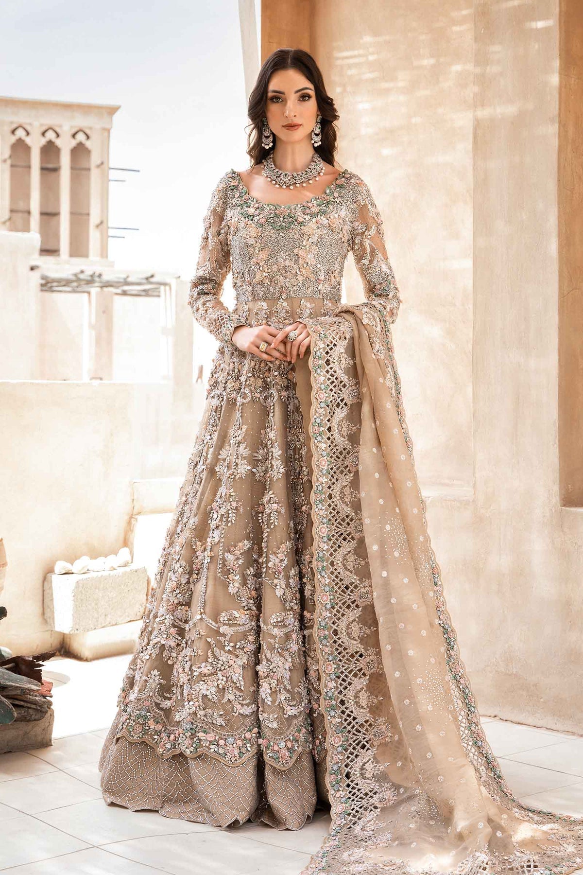 Maria B EX-151 Lunara nude peach organza gown front
