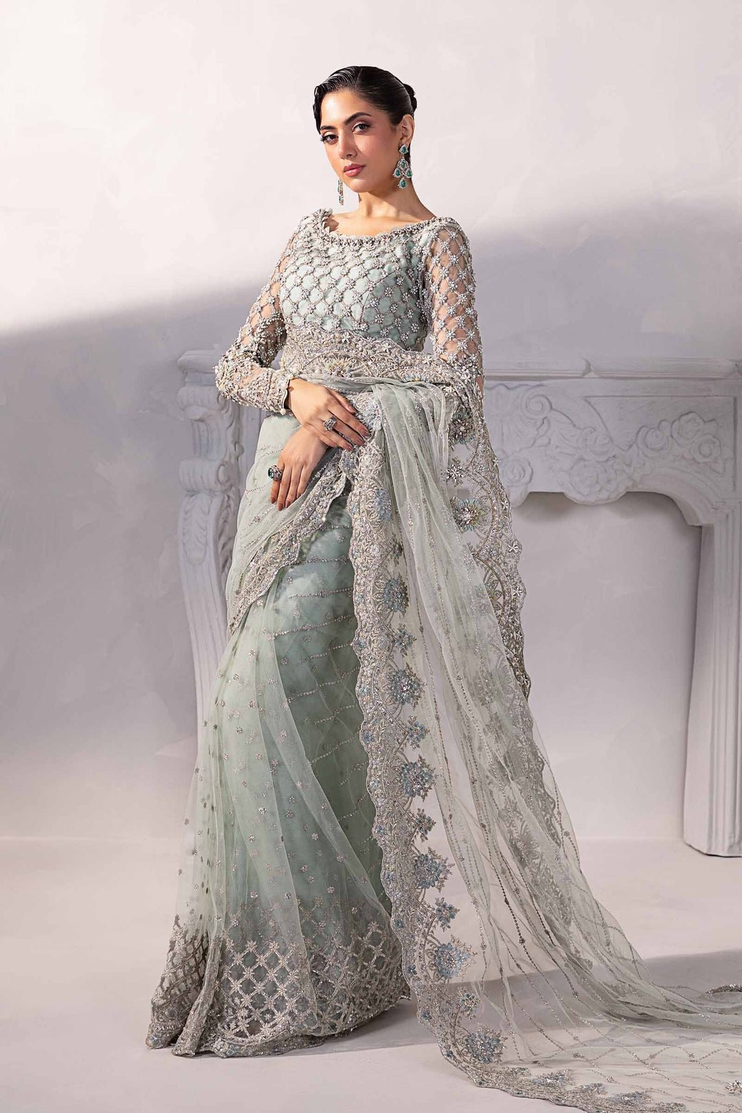 Maria B Mariella style reference, Sage Green Saree, view 3