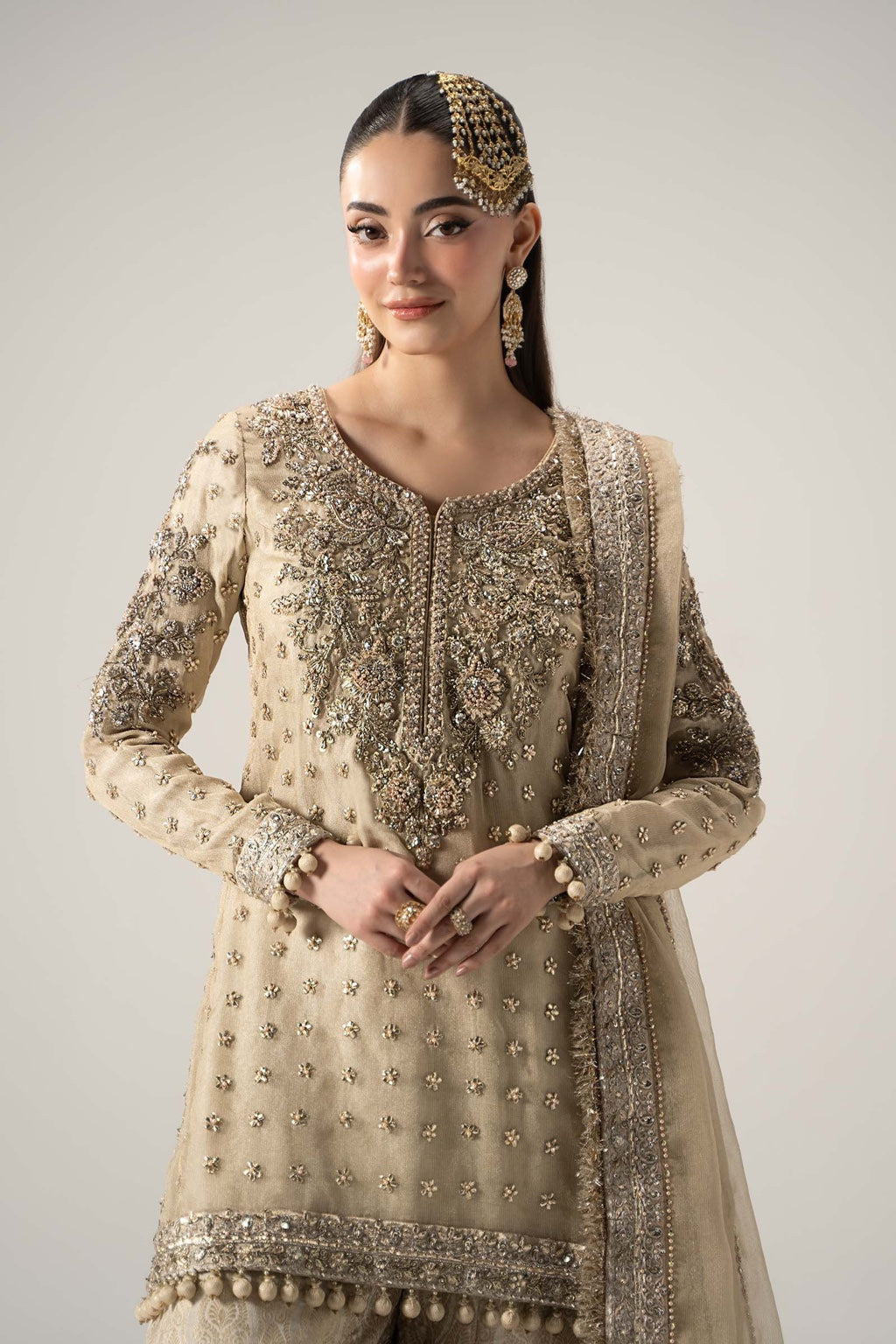 Maria B Mayrozeh Style gold formal outfit close up