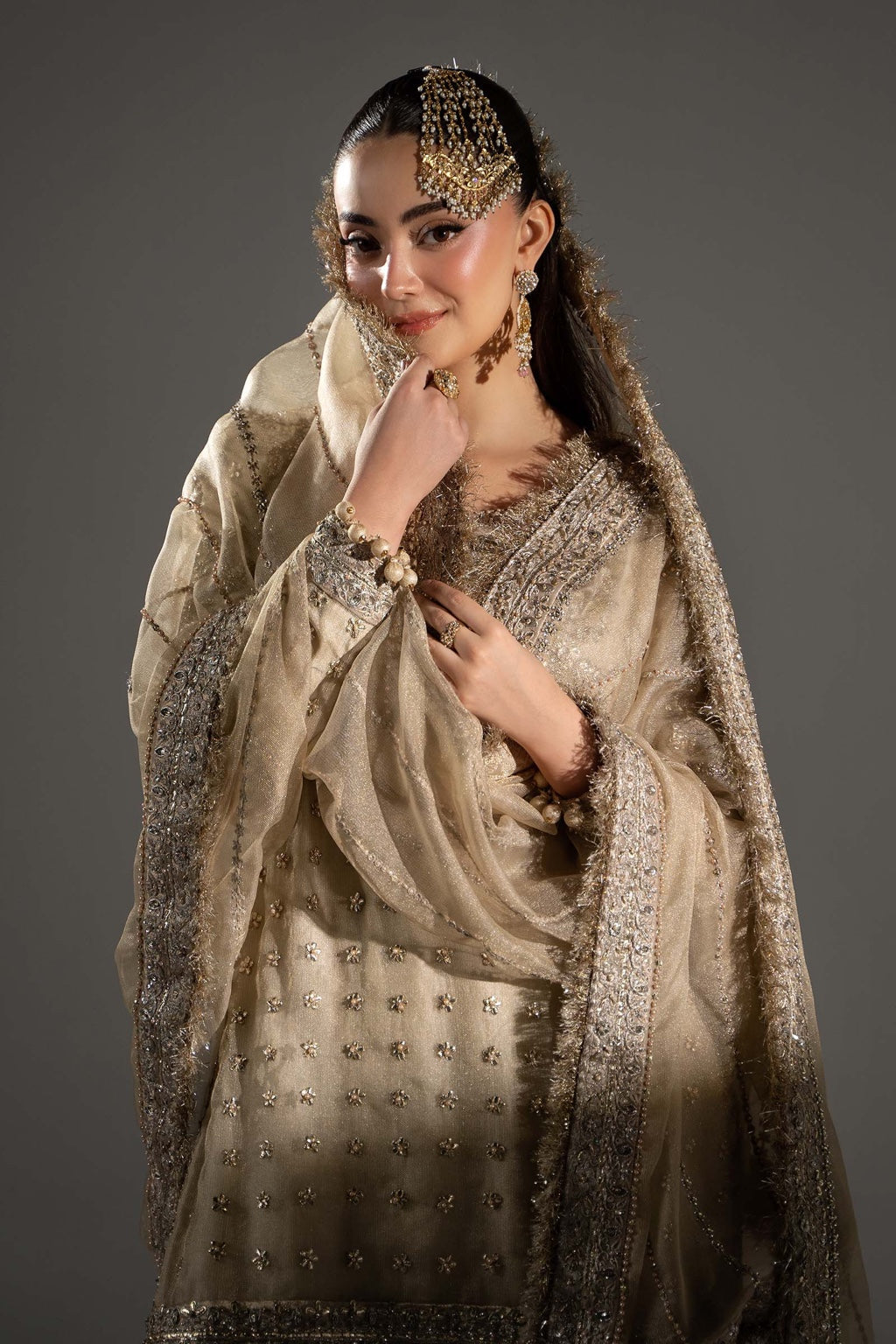 Maria B Mayrozeh Style gold formal outfit dupatta portrait