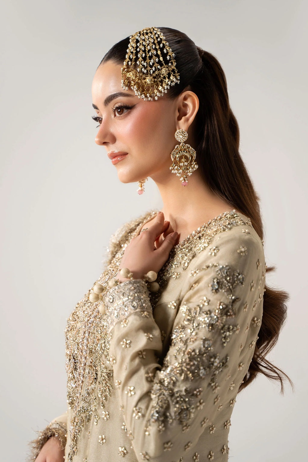 Maria B Mayrozeh Style gold formal outfit side portrait