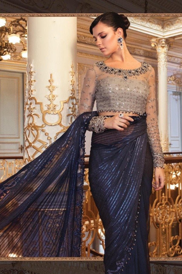 Maria B BD-2004 style reference, navy blue saree, view 3