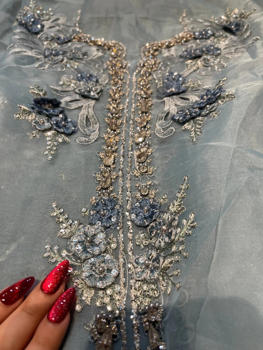 Maria B MPC-26-106 Style slate blue neckline embroidery detail