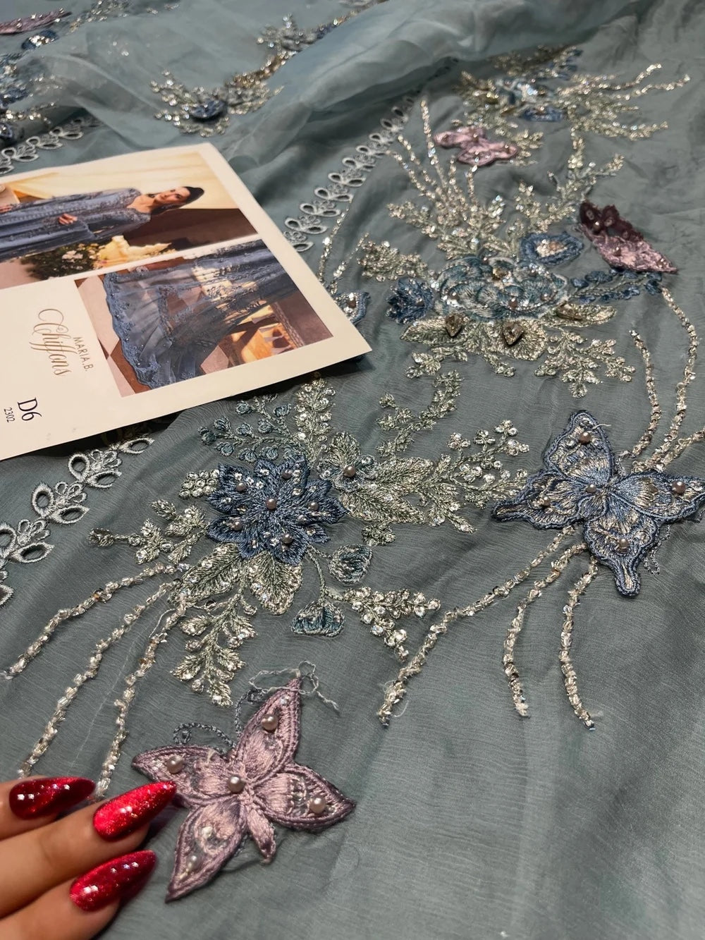 Maria B MPC-26-106 Style slate blue floral embroidery detail