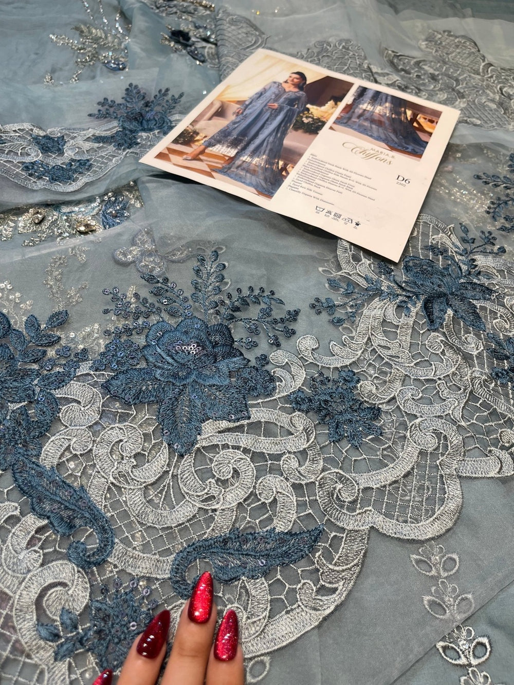 Maria B MPC-26-106 Style slate blue embroidered border detail