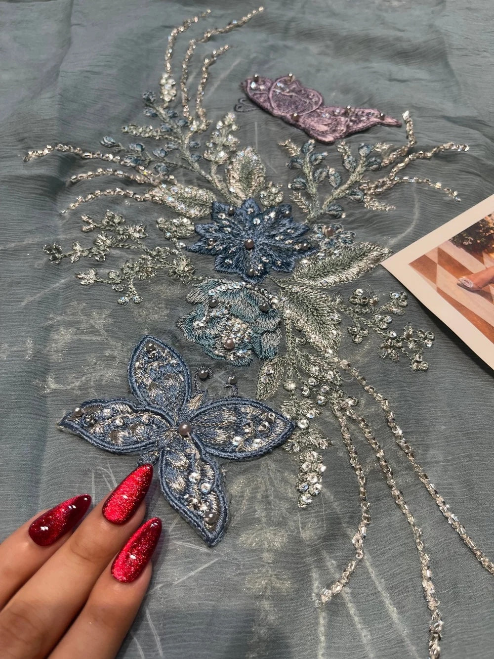 Maria B MPC-26-106 Style slate blue floral applique detail