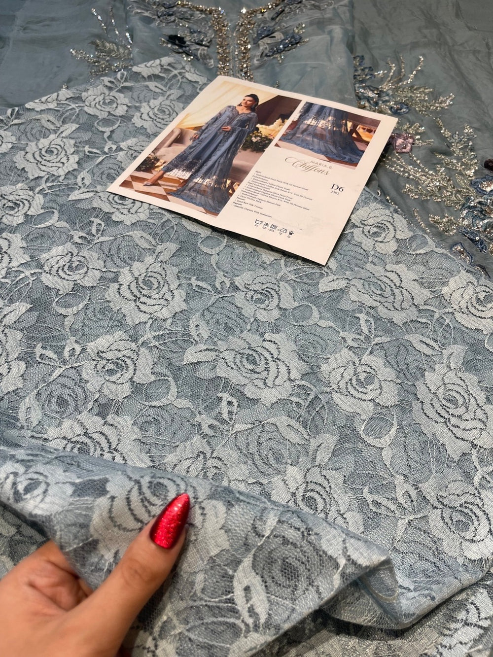 Maria B MPC-26-106 Style slate blue lace detail