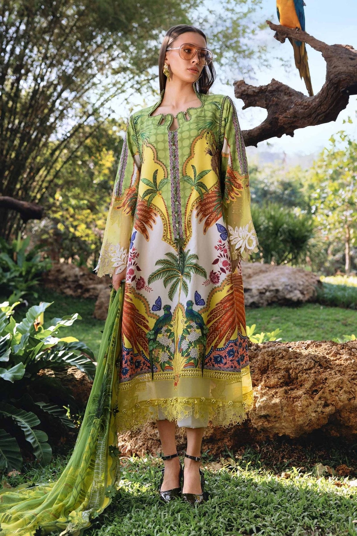 Maria B MPT-2905-B style reference, Green and Yellow Lawn Suit, view 1
