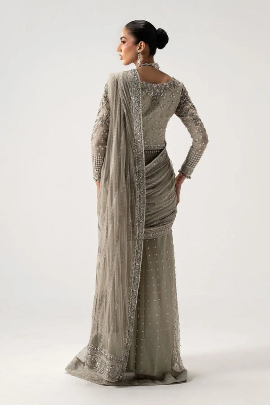 Maria B Selene Style grey embellished net saree by Mairaz