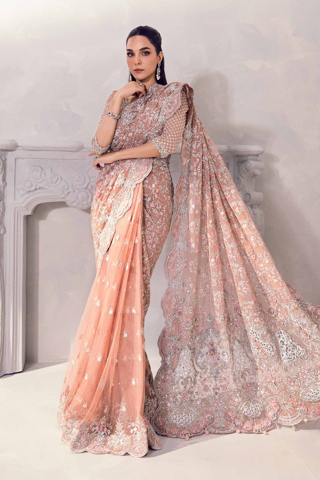 Maria B Solana style reference, Peach Saree, view 2