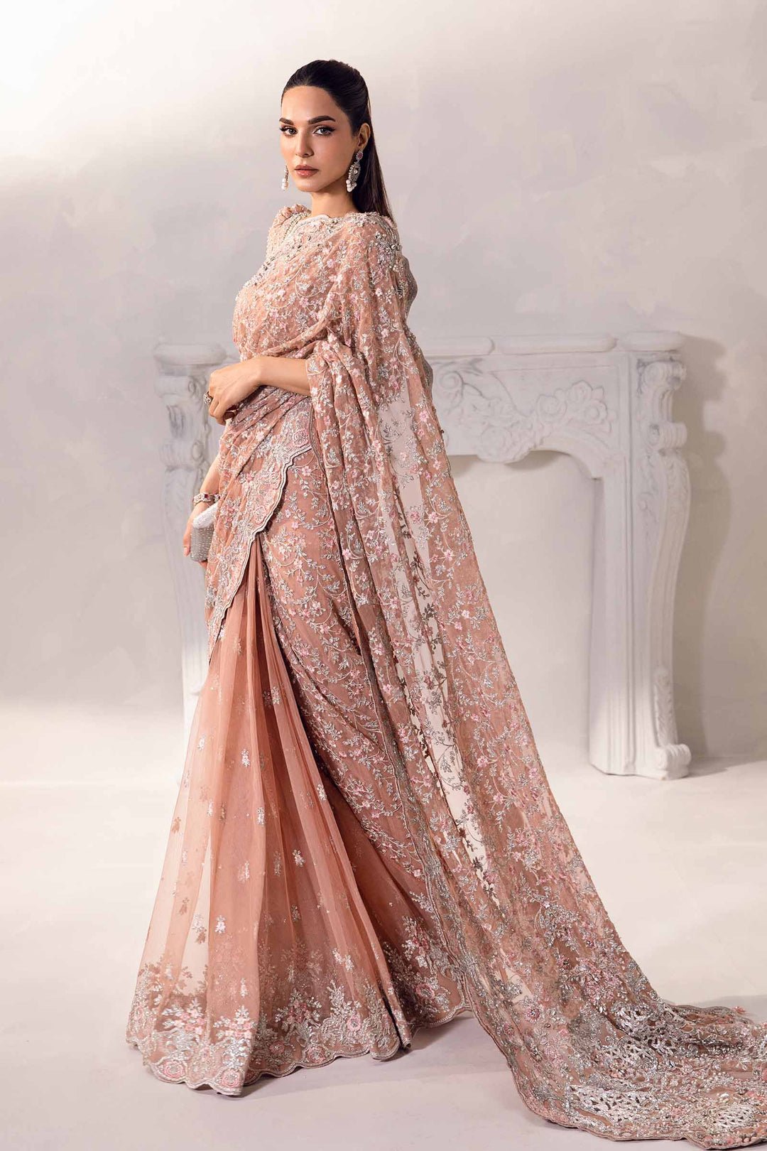Maria B Solana style reference, Peach Saree, view 3