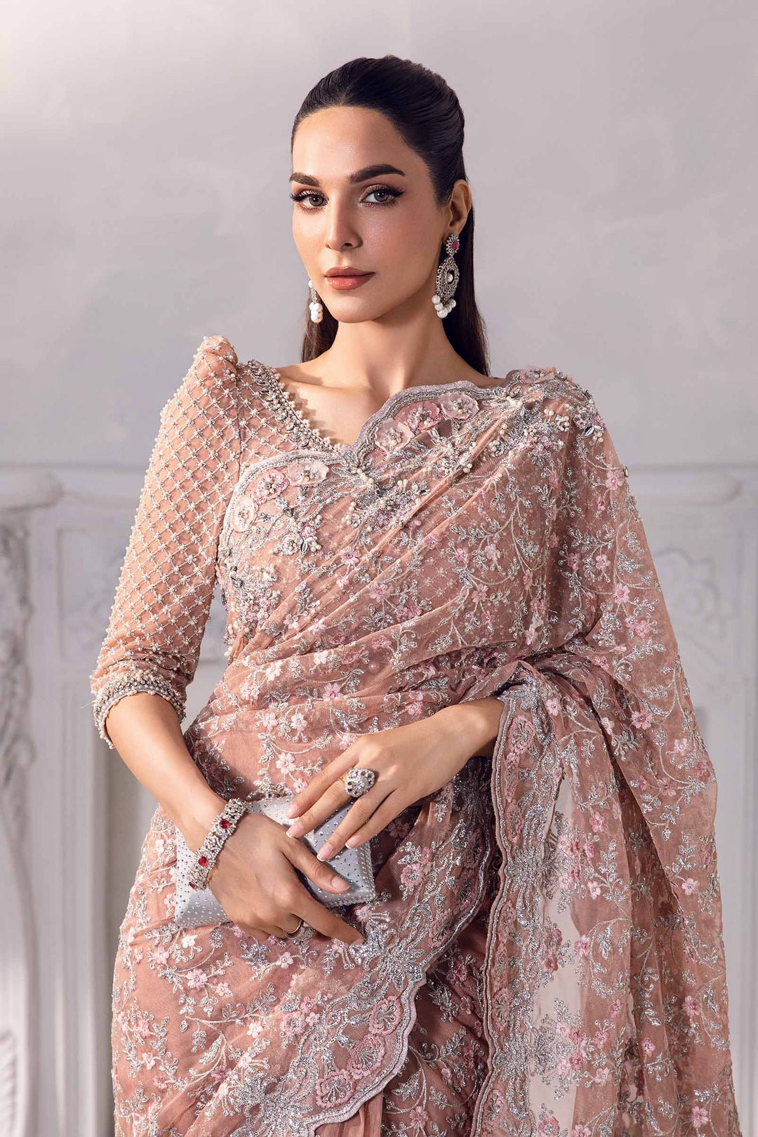 Maria B Solana style reference, Peach Saree, view 5