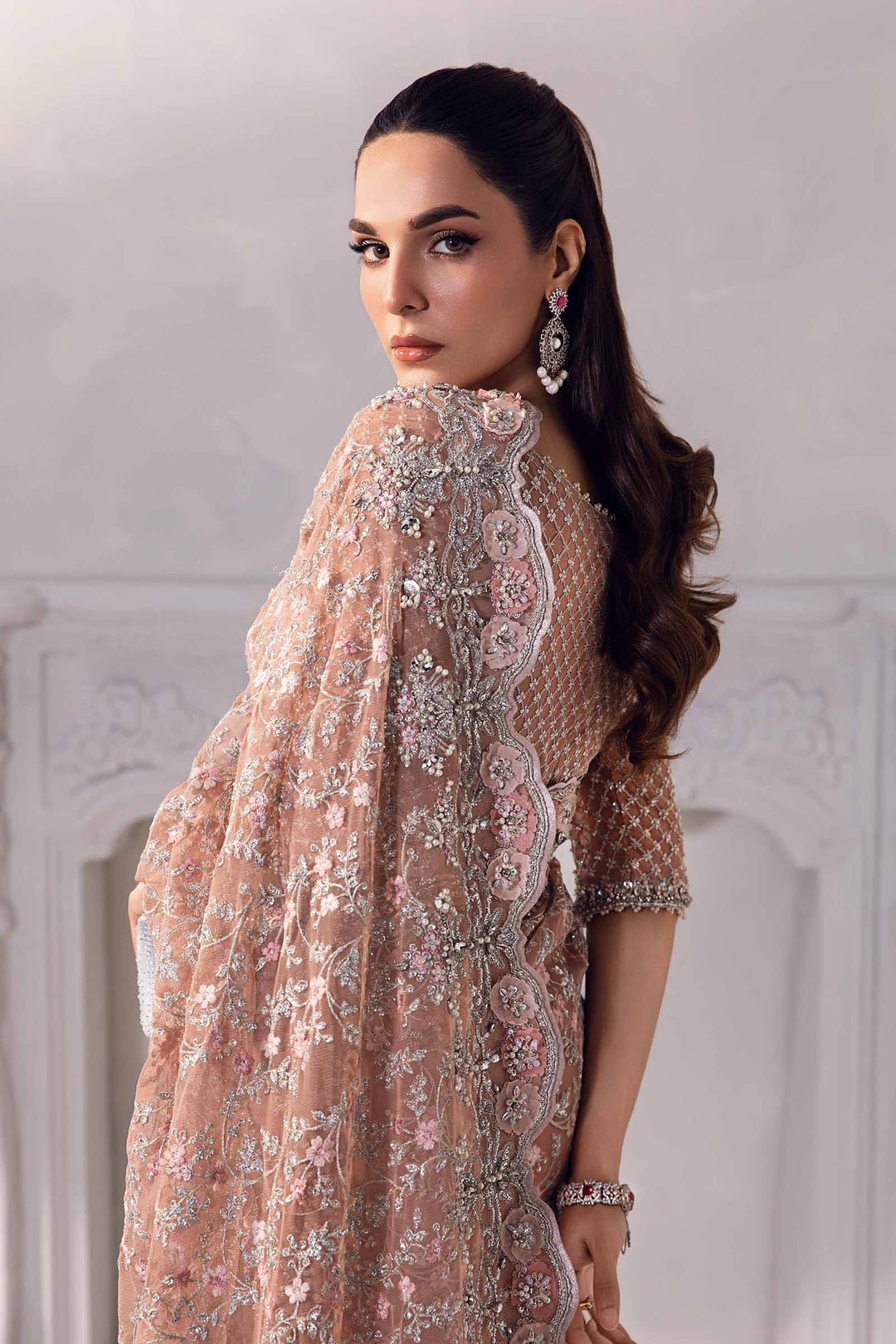 Maria B Solana style reference, Peach Saree, view 6