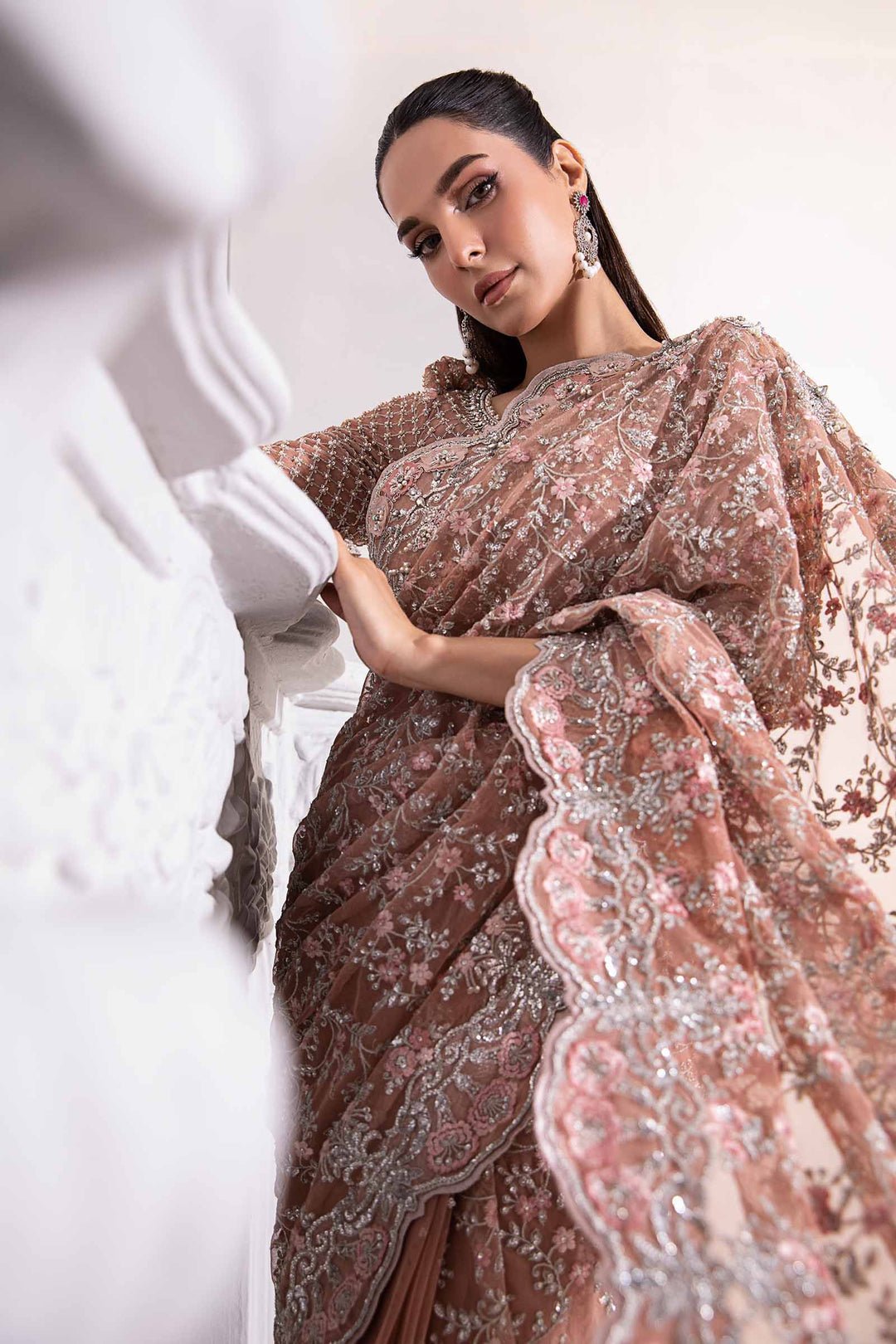 Maria B Solana style reference, Peach Saree, view 7