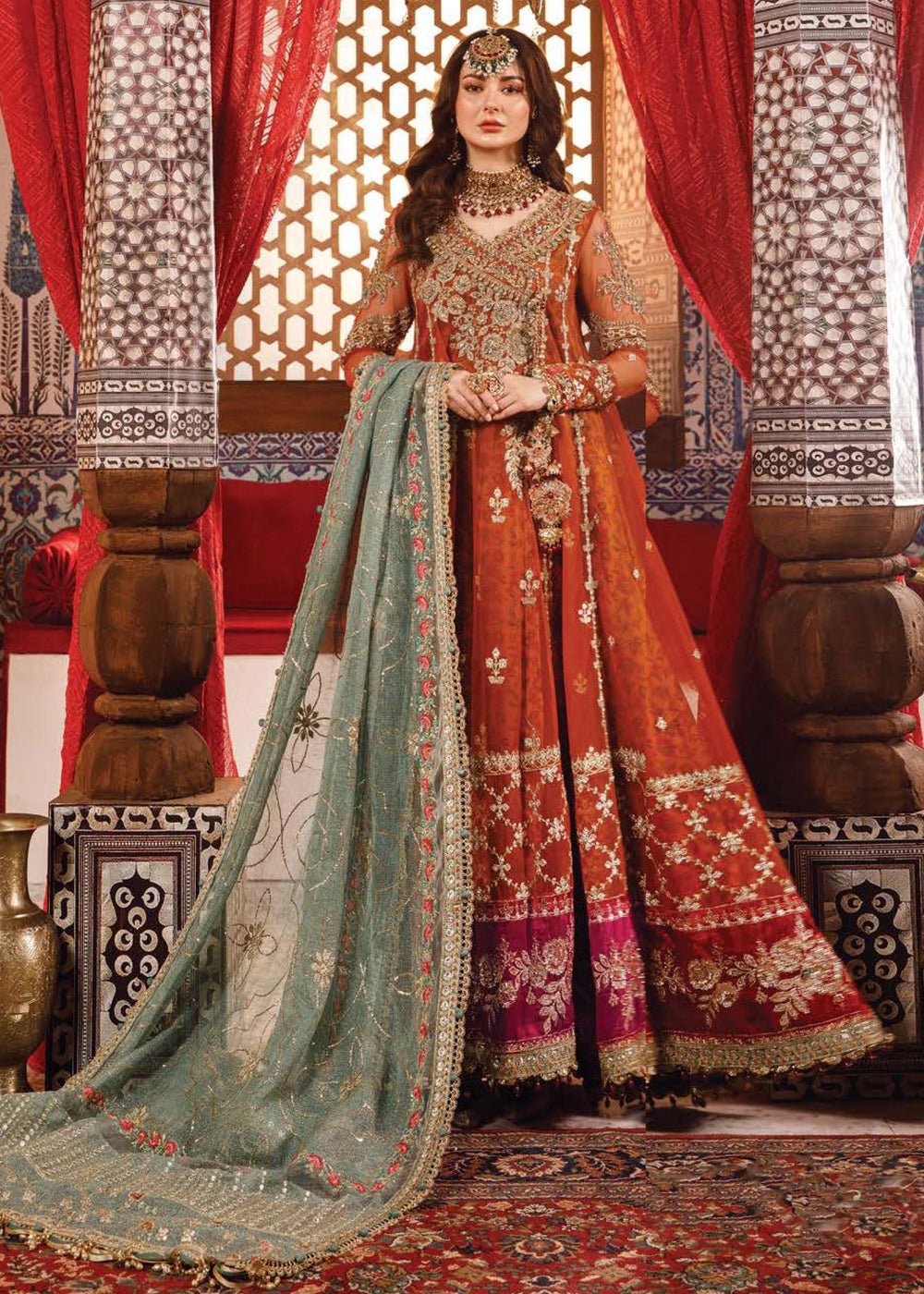 Maria B Wedding Edition D6 style reference, Red and Green Bridal Lehenga, view 1