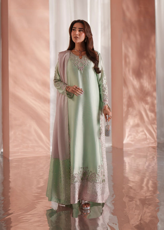 Mehak Yaqoob Aurea Style mint green three-piece full front view