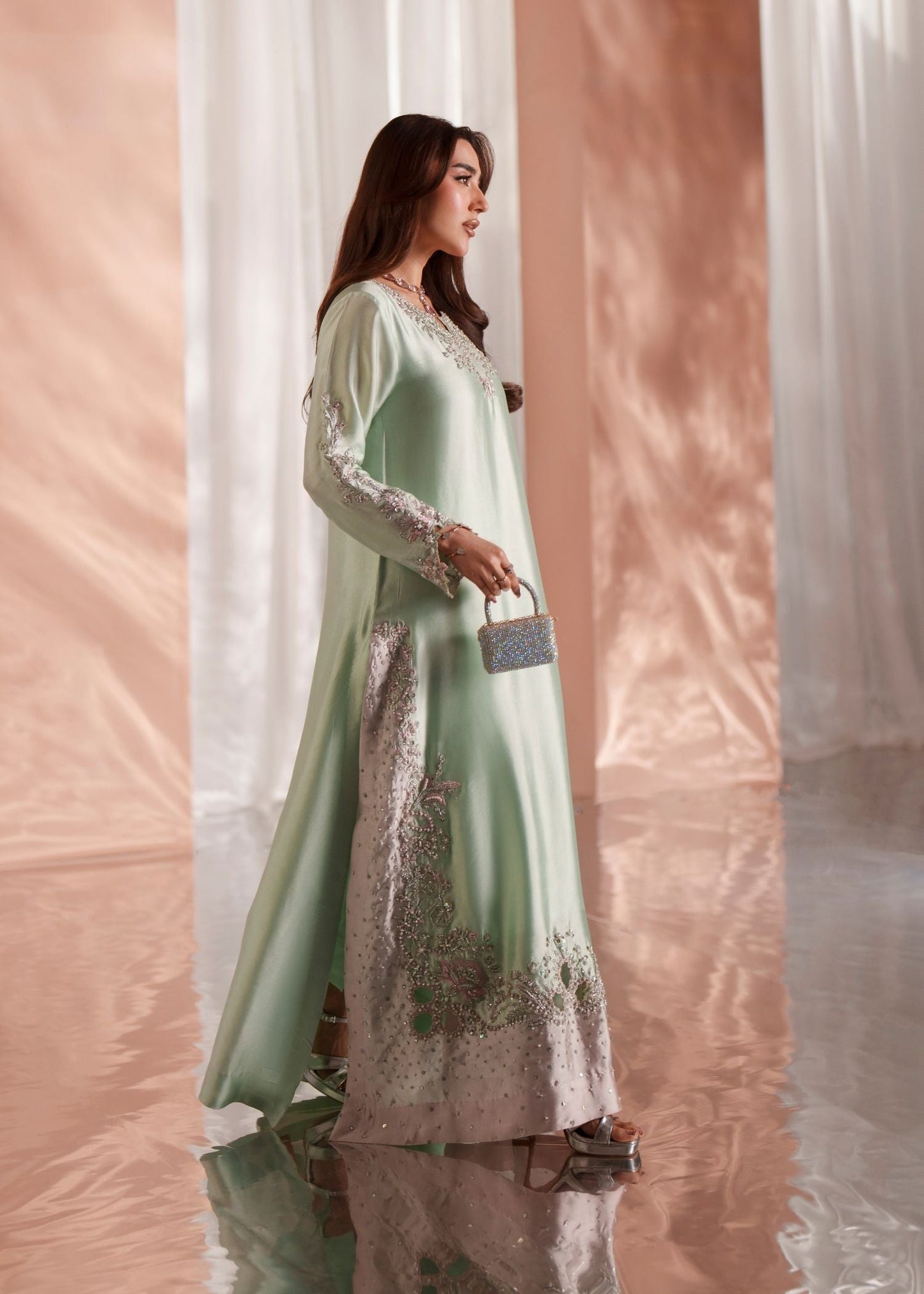 Mehak Yaqoob Aurea Style mint green formal outfit side view