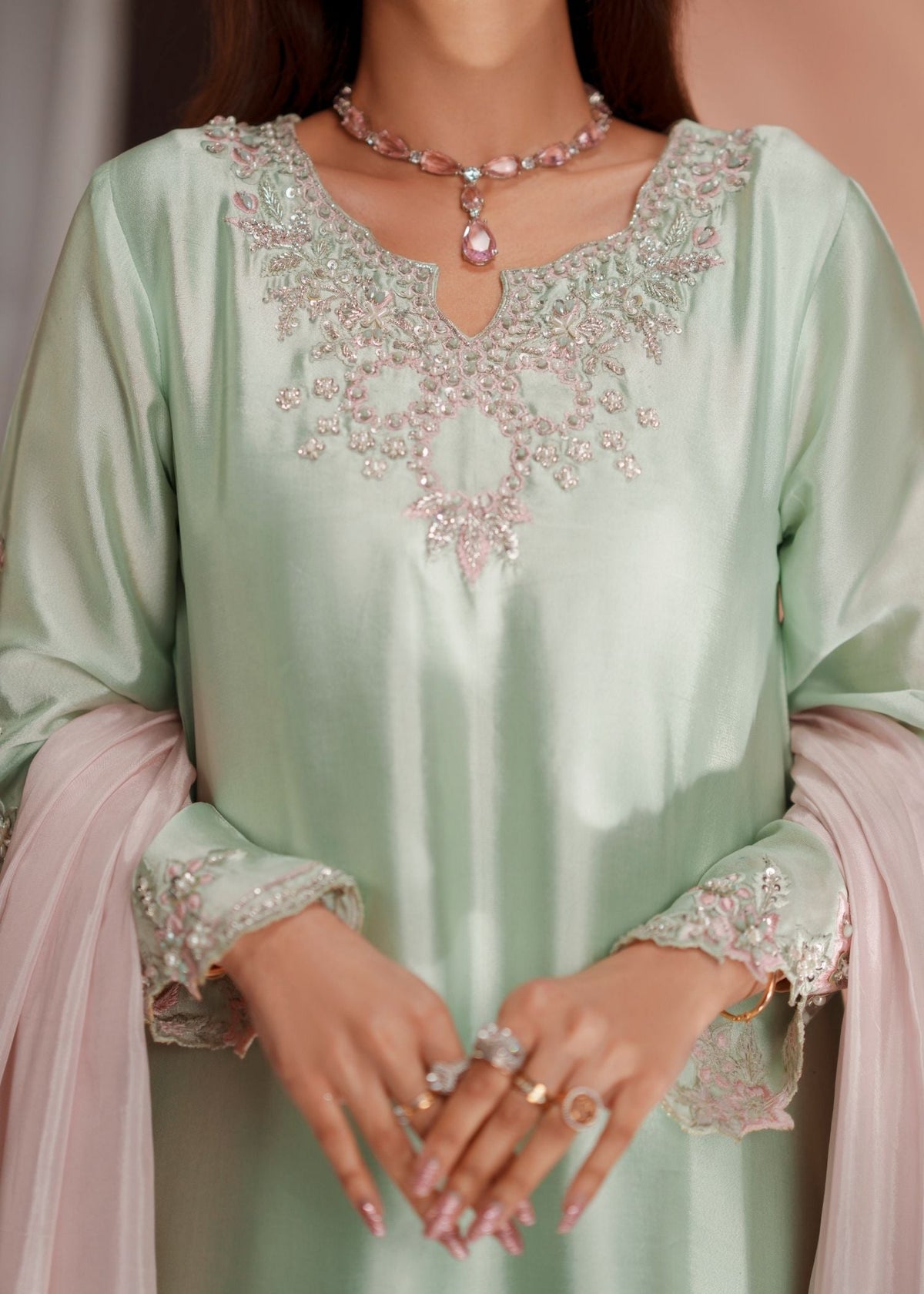 Mehak Yaqoob Aurea Style mint green neckline handwork close-up